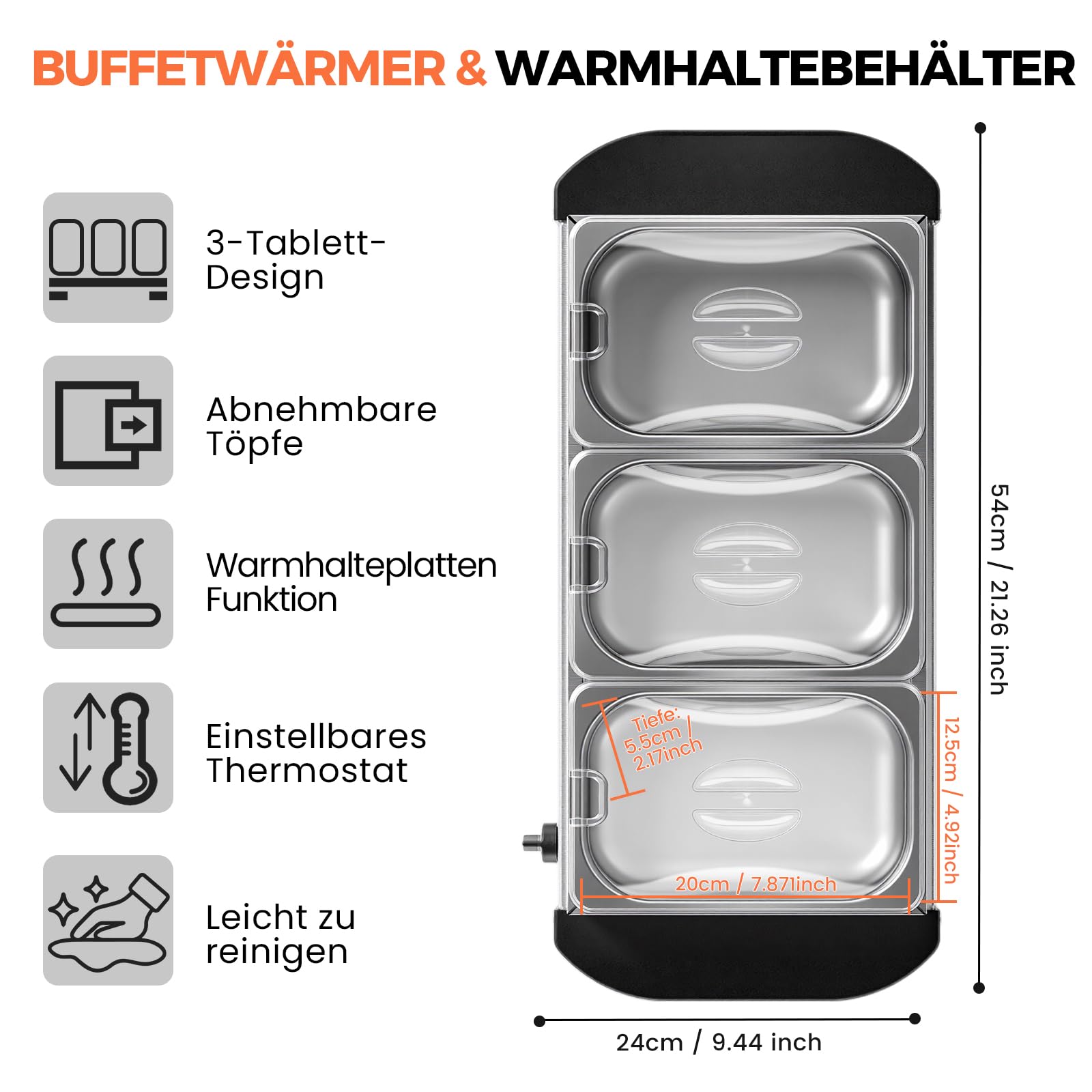 2in1 Warmhalteplatte und Buffetwärmer aus Edelstahl 200W mit 3x1,2L Speisebehältern Gleichmäßige Wärme Speisewärmer für Buffets Partys Familienessen Catering Events Kompakt Leicht Reinigung