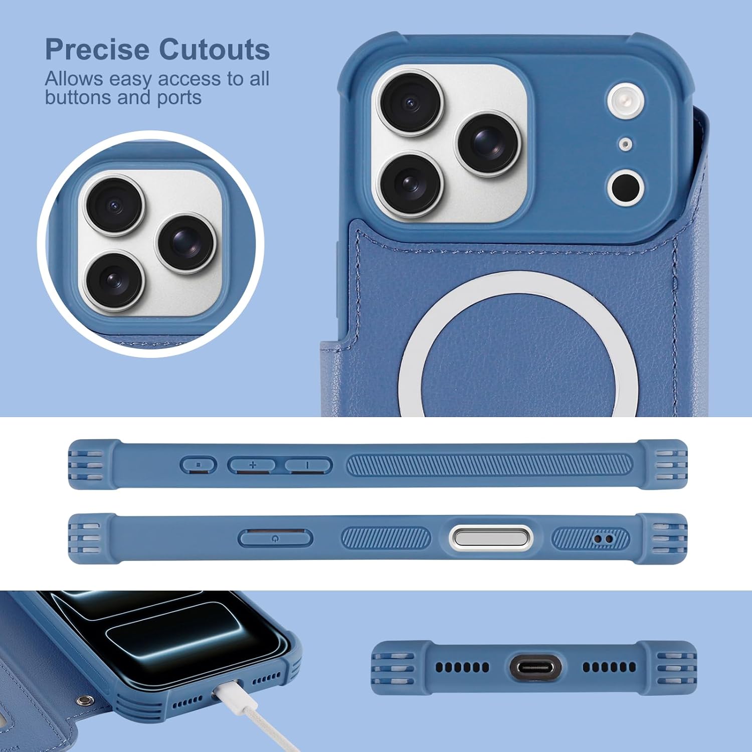 VANAVAGY Compatible for iPhone 17 Pro Max Wallet Case for Magsafe Wireless Charging, PU Leather Flip Folio Shockproof Phone Cover with Wrist Strap RFID Blocking Card Holder [Screen Protector],Blue