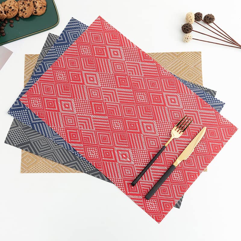 Image of YELONA Placemats Set of 6, Heat-Resistant Woven Vinyl Table Mats, Non-Slip & Washable Dining Tablemats for Kitchen & Dinner Decor, Blue & White (45cm x 30cm)