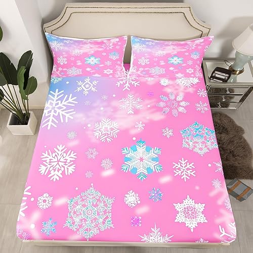 Miniatura 2 de Erosebridal Juego de sábanas de Navidad color rosa, diseño de copos de nieve pastel kawaii para niños, niñas y mujeres, lindos juegos de ropa de