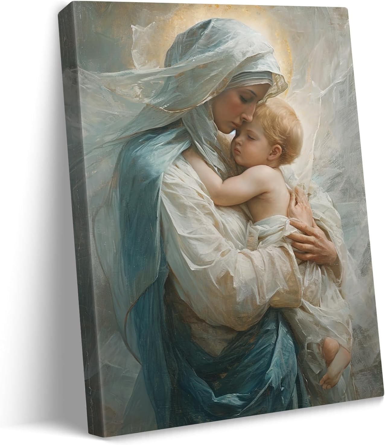 vandlife Virgin Mary Canvas Print Baby Jesus Nestled in Warm Embrace of Mother Painting Divine Maternal Love Wall Art Religious Christian Decor for Home Living Room Bedroom 18x24in