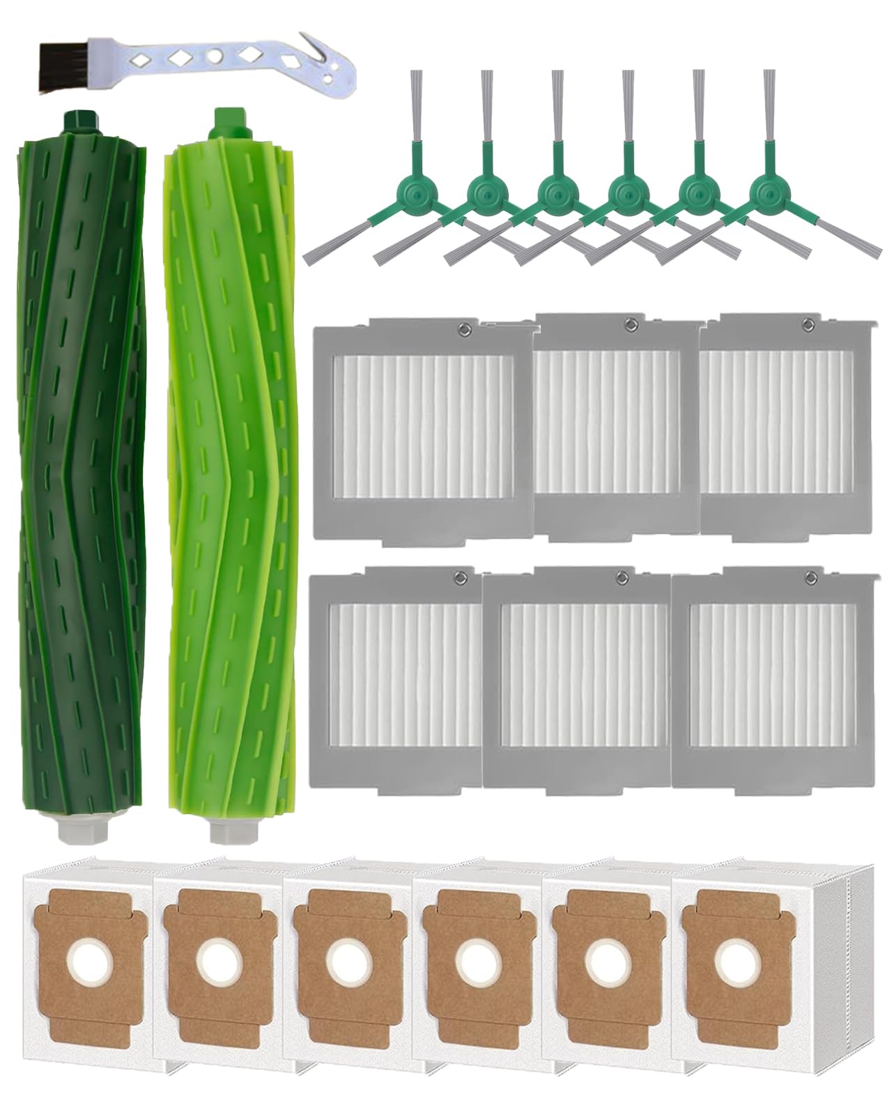 LOVOBO 21-teiliges Zubehör-Set für iRobot Roomba Max 705 vac/Plus 504 vac Staubsauger, Ersatzteile mit 2 Hauptbürsten, 6 Staubbeutel, 6 Filter, 6 Seitenbürsten, 1 Reinigungswerkzeug