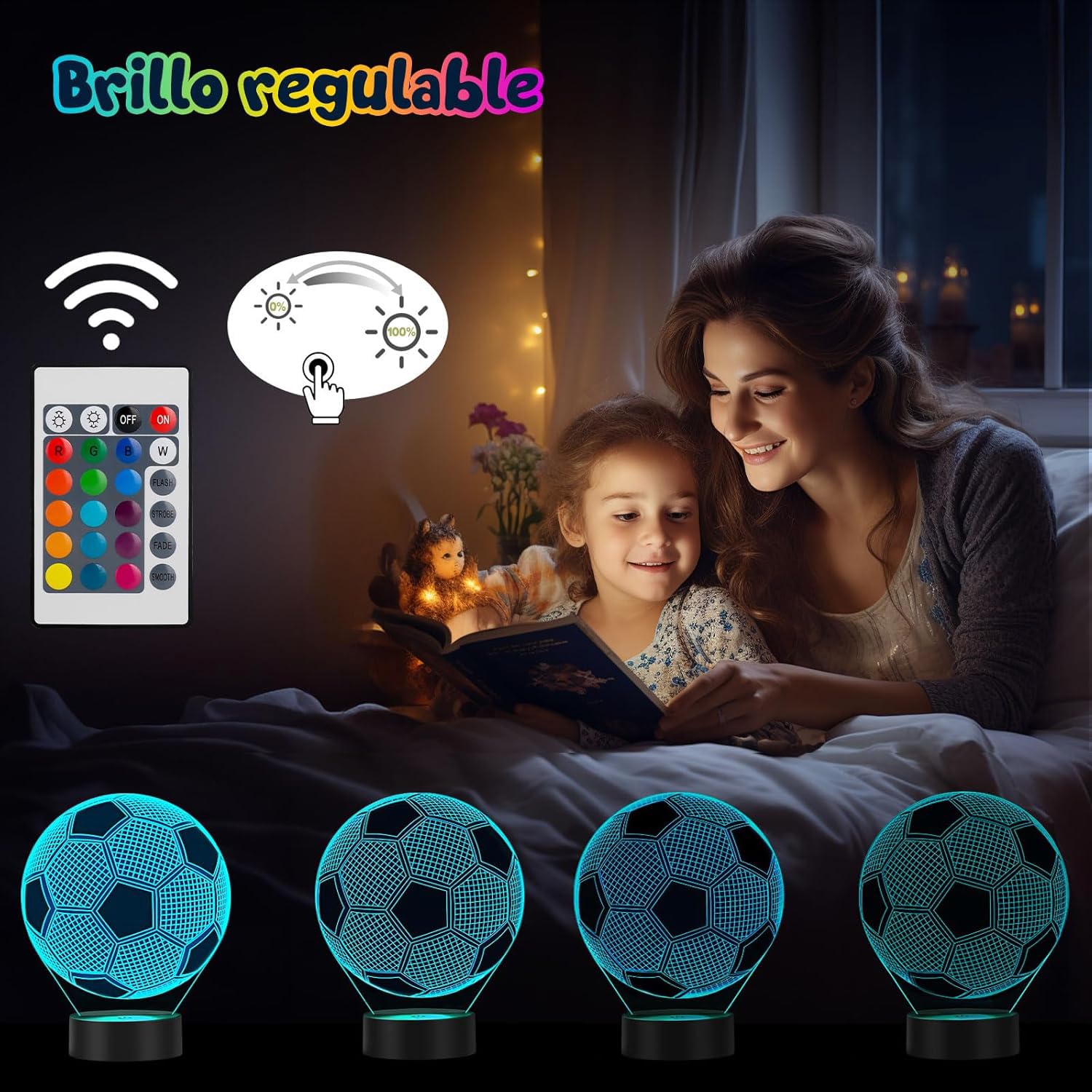 Lámpara LED Colores 3D Bola de Fútbol Regalos de Fútbol Originales Niños Futboleros de 5 a 10 Años Lamparita Infantil Mesita de Noche Artículos Cosas de Fútbol Infantiles Pilas Cable USB Quitamiedos