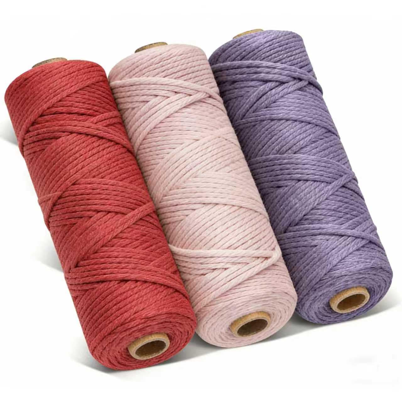 3 Rolls 3mmx100m Cotton Macrame Cord, 4 Strand Twisted, 3mmx300m Natural Cotton Cord for Wall Hanging, Plant Hangers, Knitting, DIY Crafts, Weaving Decoration (Beige+red+light purple) โ image 1
