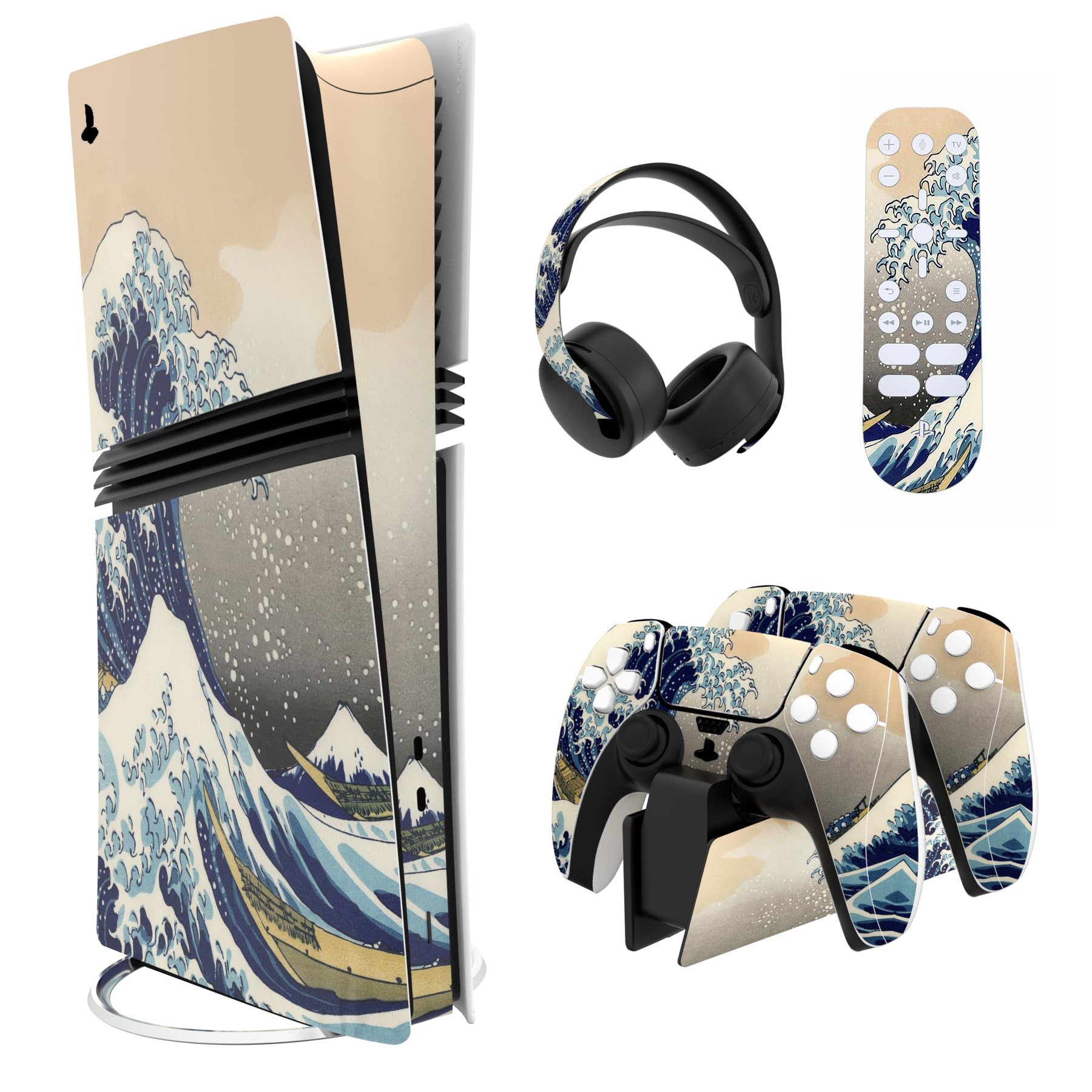 PlayVital Full Set Skin Sticker für ps5 Pro Konsole Digital & Disc Edition, Vinyl Aufkleber Schutzfolie Zubehör für ps5 Pro Controller & Headset & Ladestation & Fernbedienung-The Great Wave