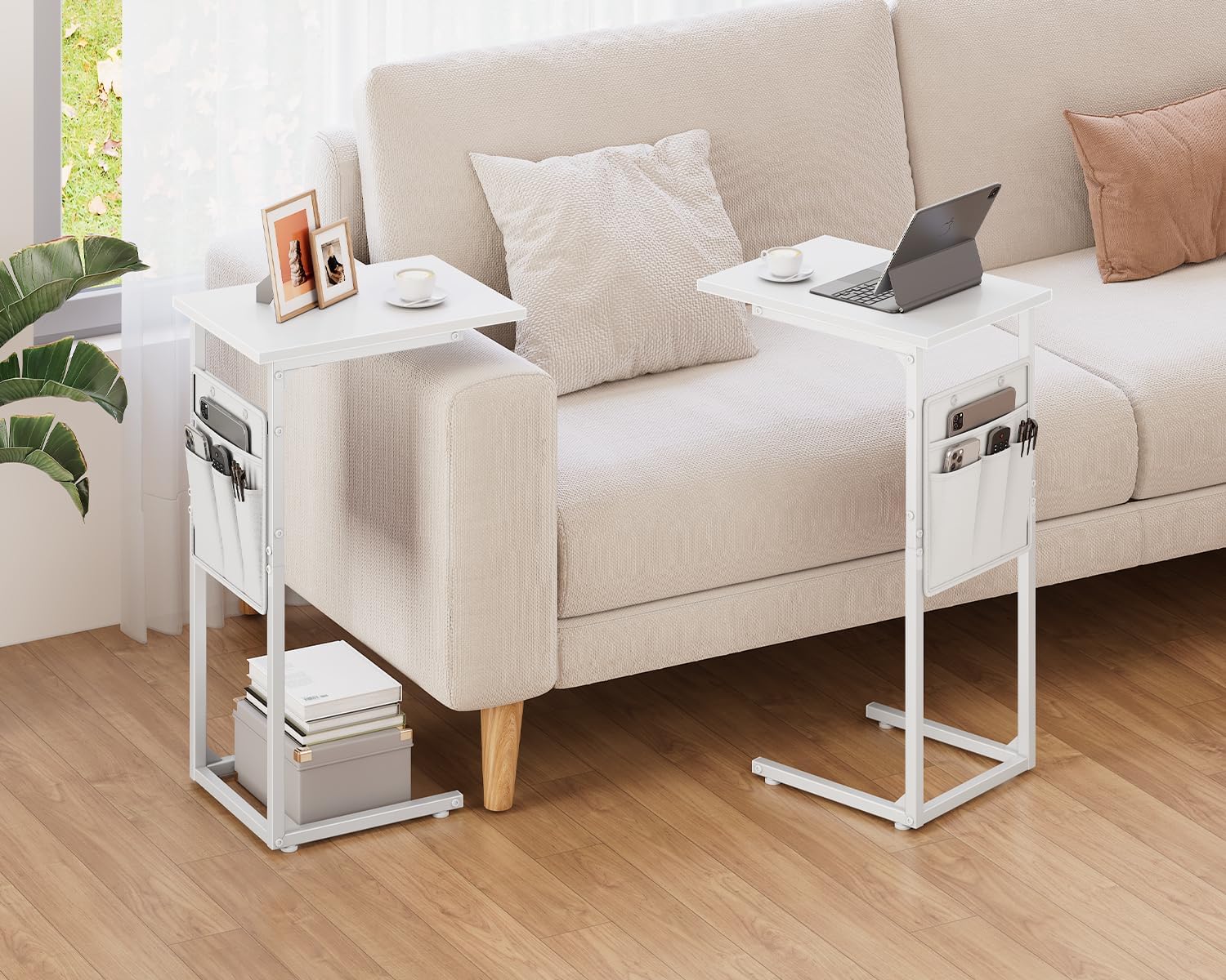 Vagusicc C Shaped End Table, Small Side Table for Couch, Couch Side Table Arm C Table for Sofa, TV Tray Slide Under Sofa Drink Table with Metal Frame for Living Room, Bedroom, Bedside, White