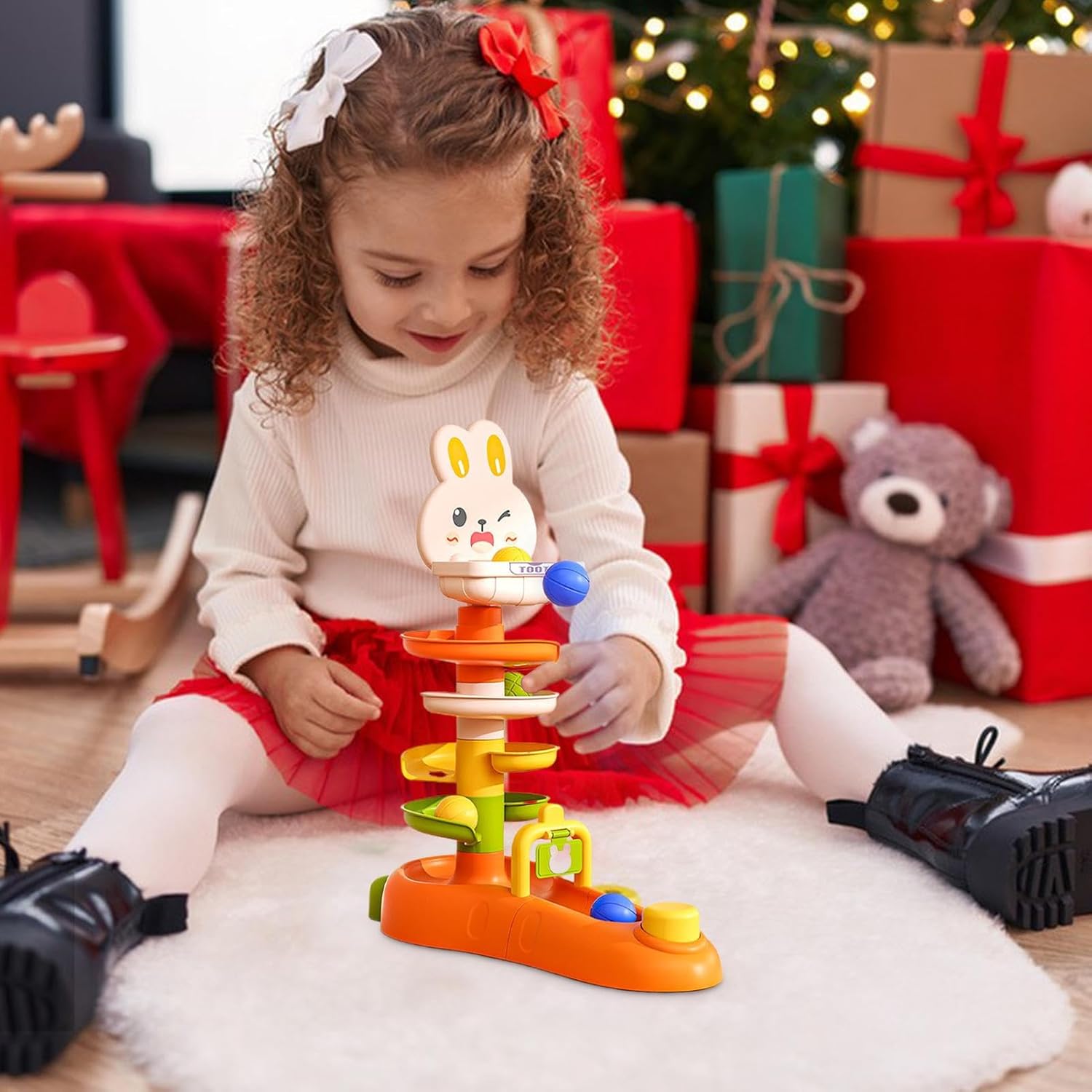 Spiral Ball Track, 5-Layer Tower Toy Game, 13.78x7.28x4.72in Ball Drop with Bunny Shape, Educational Stacking Toy, Activity Game with Colorful Balls, Toddller Playset for Boys Girls