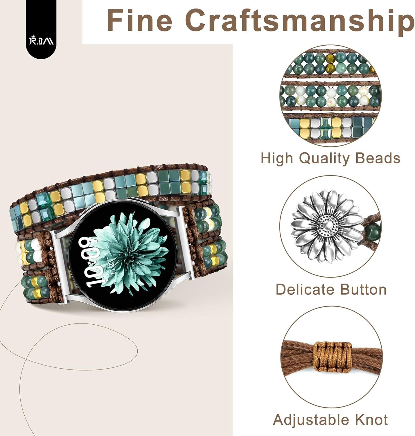 JR.DM Boho Beaded Handmade Braided Bracelet Band Women 20mm Compatible with Samsung Galaxy Watch 7/6/5/4/Active 2/4 Classic/6 Classic/5 Pro/FE 40mm 42mm 43mm 44mm 45mm 46mm 47mm