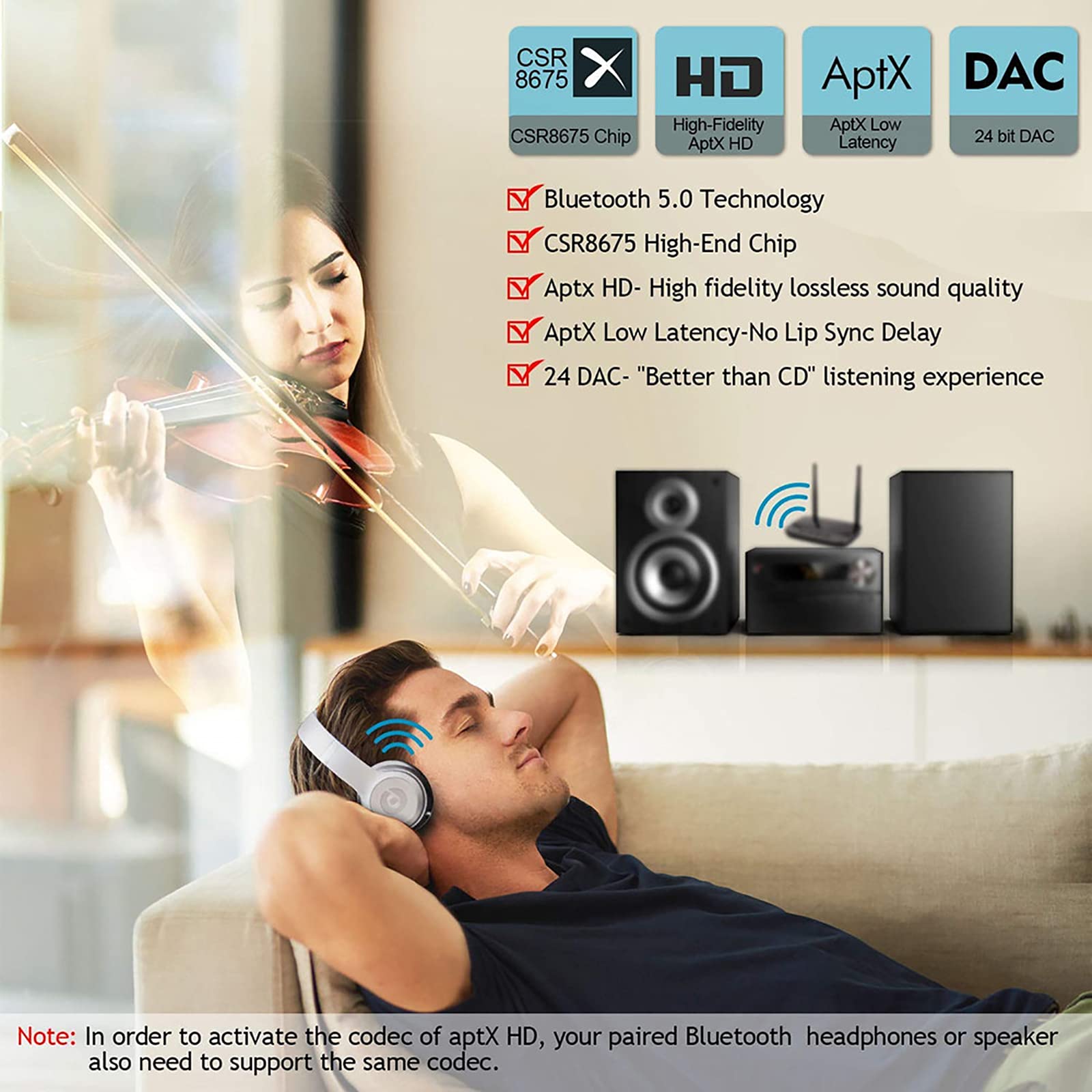 RSGK Ricevitore Trasmettitore Audio Bluetooth 5.0, Bypass Adattatore Wireless AptX LL HD SPDIF AUX 3,5 Mm per PC TV a 2 Auricolari