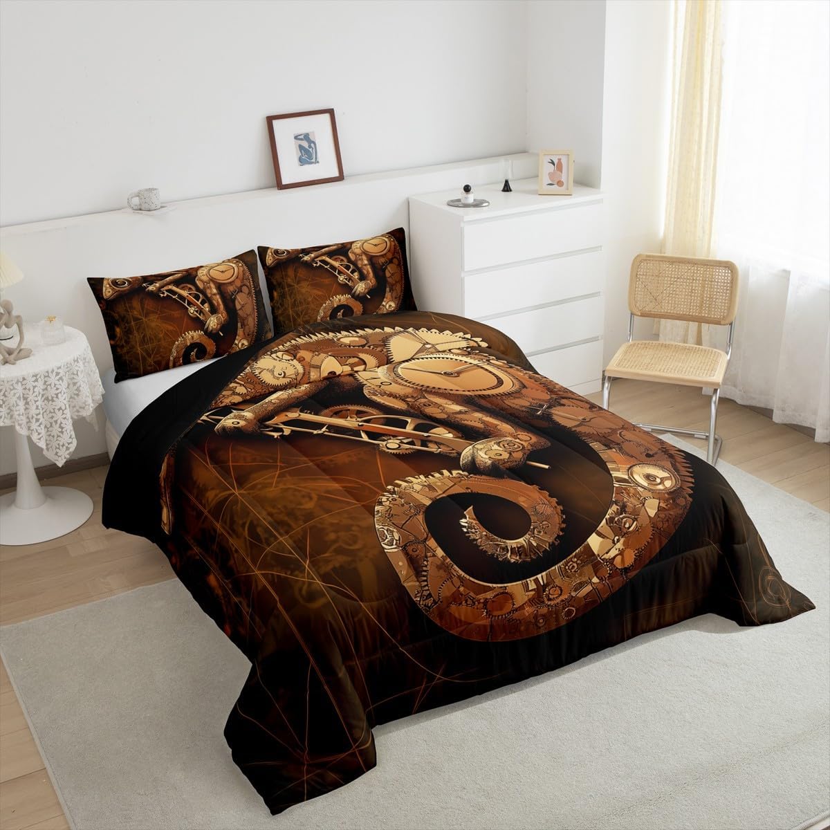 Erosebridal Ndustrial Gear Bedding Set Full Size Steampunk Style Comforter Set Clocks Theme Duvet Set Mechanical Device Comforter Set for Little Kids Boys Teens Retro Room Decorative