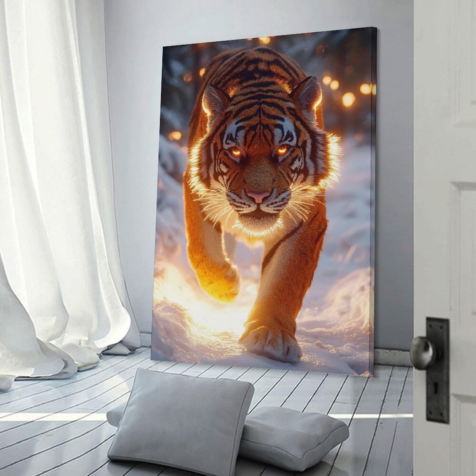 Junmoney Frame-Style-6-1 Glowing Tiger In Winter Room Decor Wall Art, 24X36inch(60X90cm), For Home Office, Desk Area Or Studio, An Interior Accent For Desk Areas