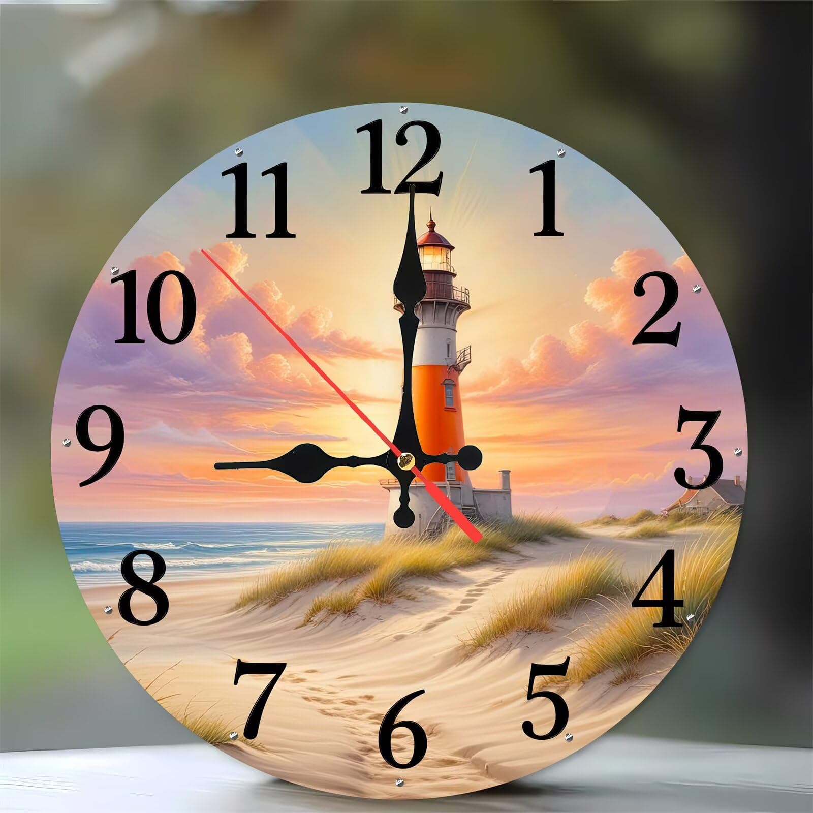 Jinmer 6 Inch Wall Clock,Seaside Scenery Lighthouse Modern Silent Non ticking Clocks, Wooden Frameless Round Easy to Read wall clock for Kitchen/Living Room/Bedroom/Bathroom