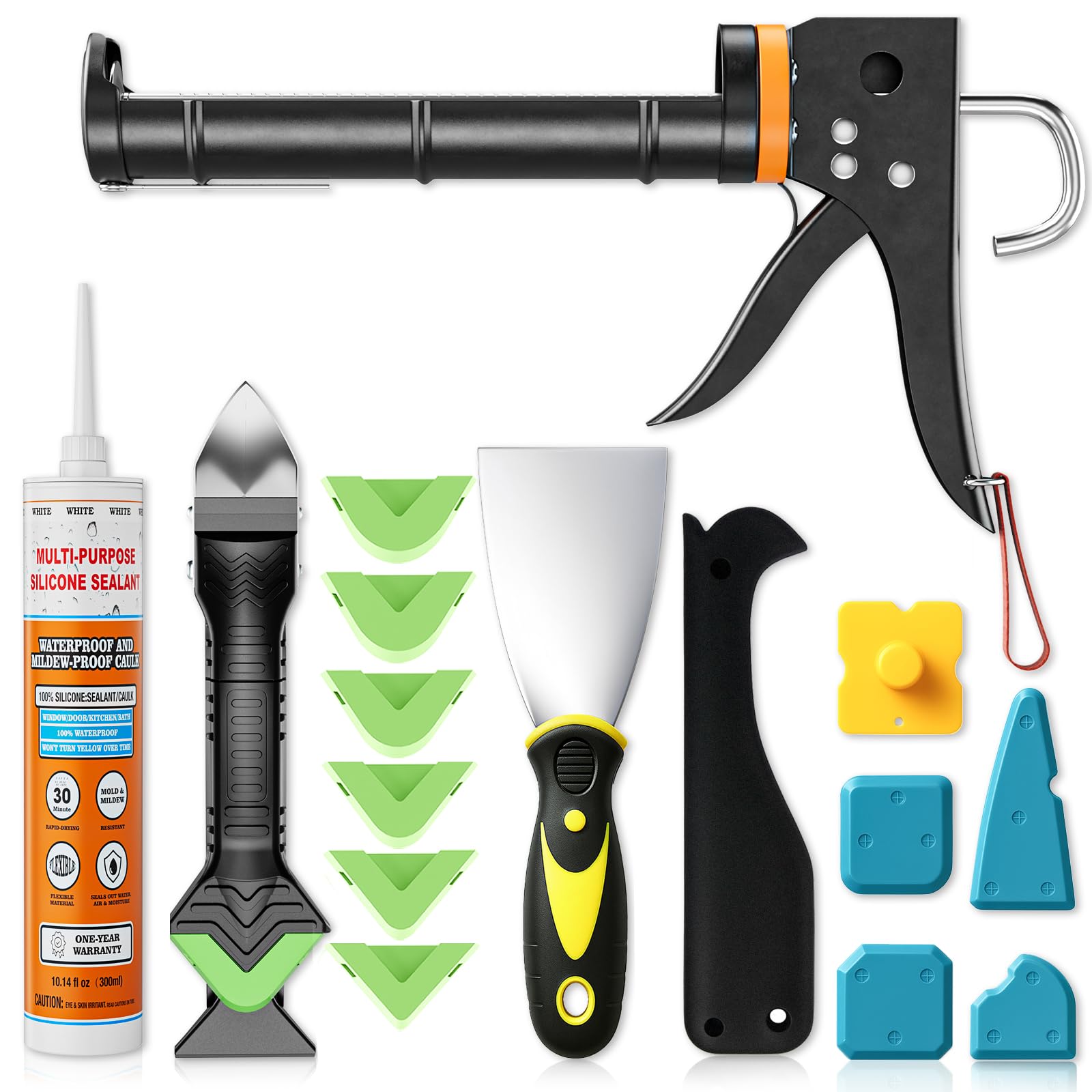 Professional Caulking Gun Kit, 5-in-1 Caulk Tool & White Silicone Sealant