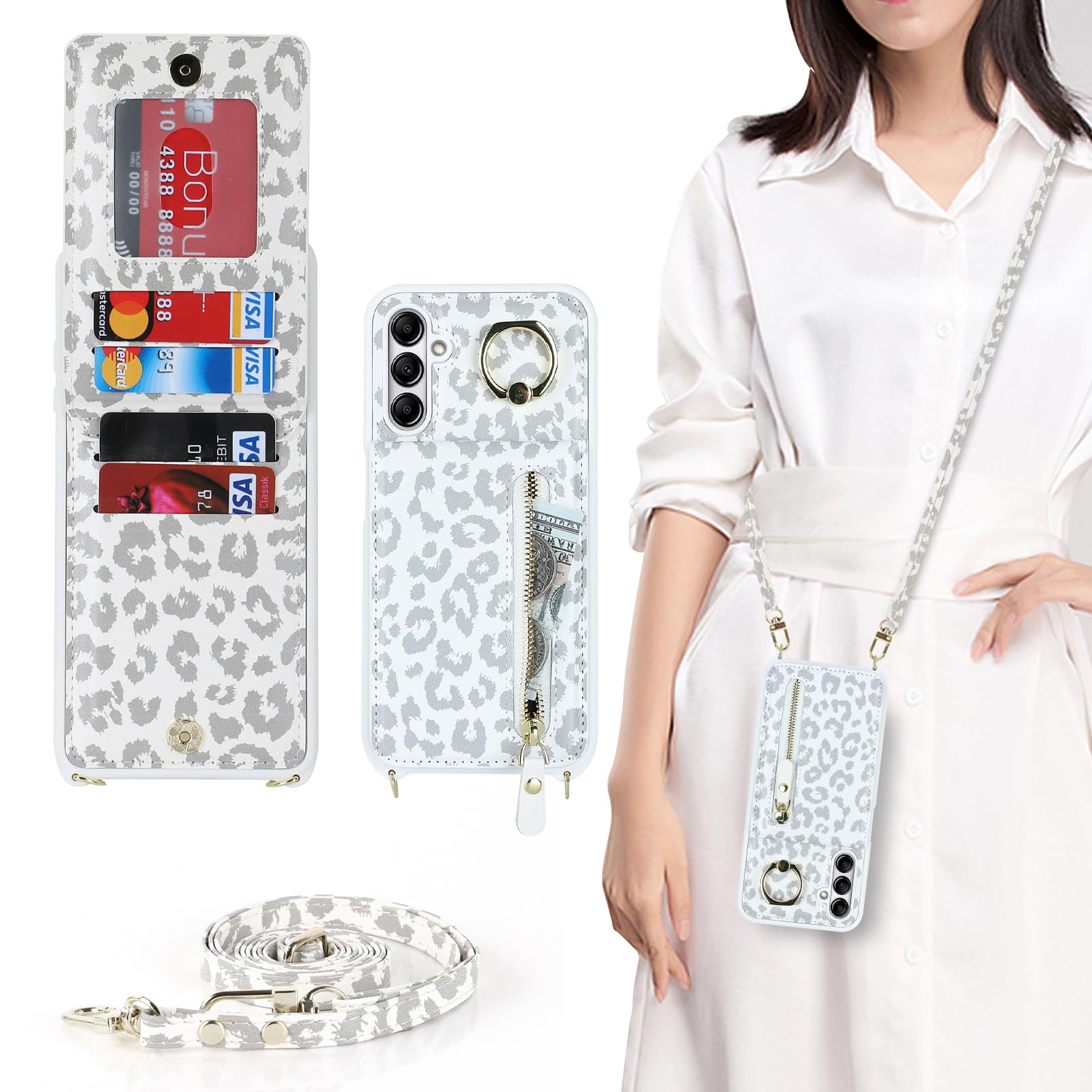 DEYHU Samsung Galaxy A14 5G Case with Card Holder for Women, Galaxy A14 5G Phone Case Wallet with Strap Credit Card Slots Crossbody with Zipper Shockproof Case for GalaxyA14 5G - White Leopard
