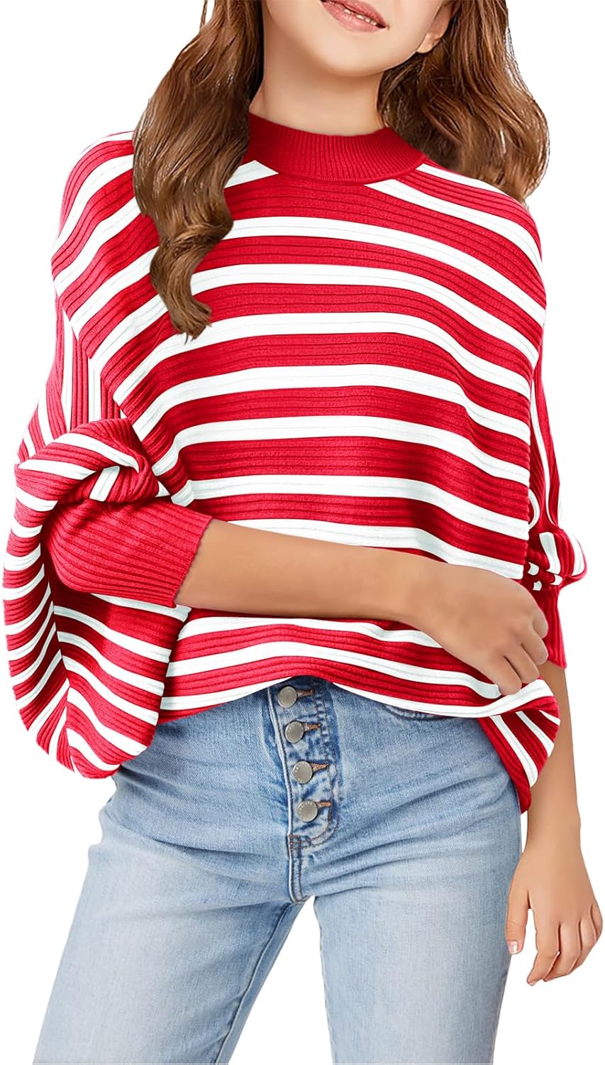 Haloumoning Girls Oversized Striped Sweater Kids Fashion Batwing Sleeve Ribbed Knit Pullover Tops 5-14 Years