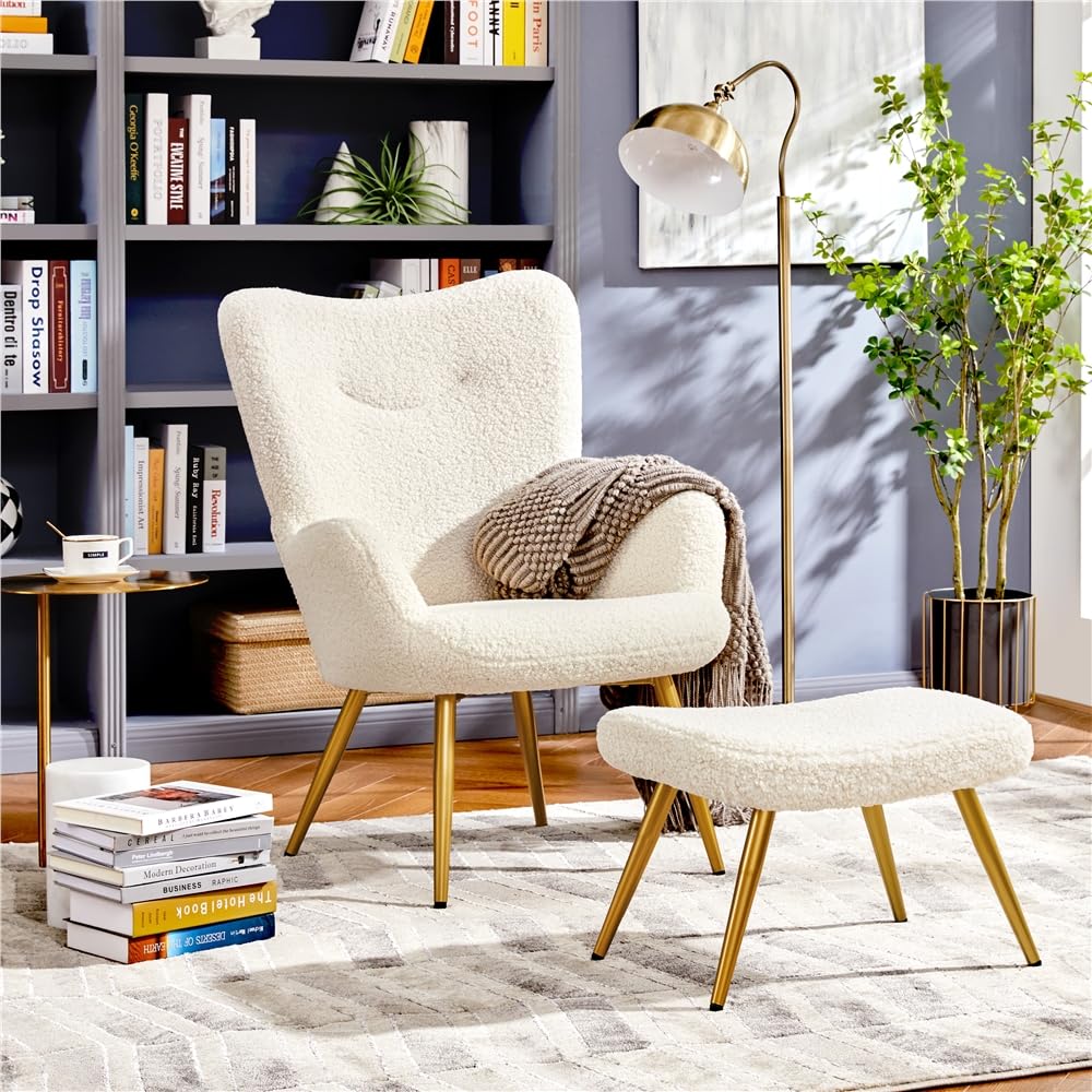 Yaheetech Sillón Orejero con Reposapiés Butaca de Salón Tapizada en Bouclé Sillón Lectura con Otomana de Respaldo Alto Ergonómico Soporte 136kg Ideal para Salón Dormitorio Oficina Marfil
