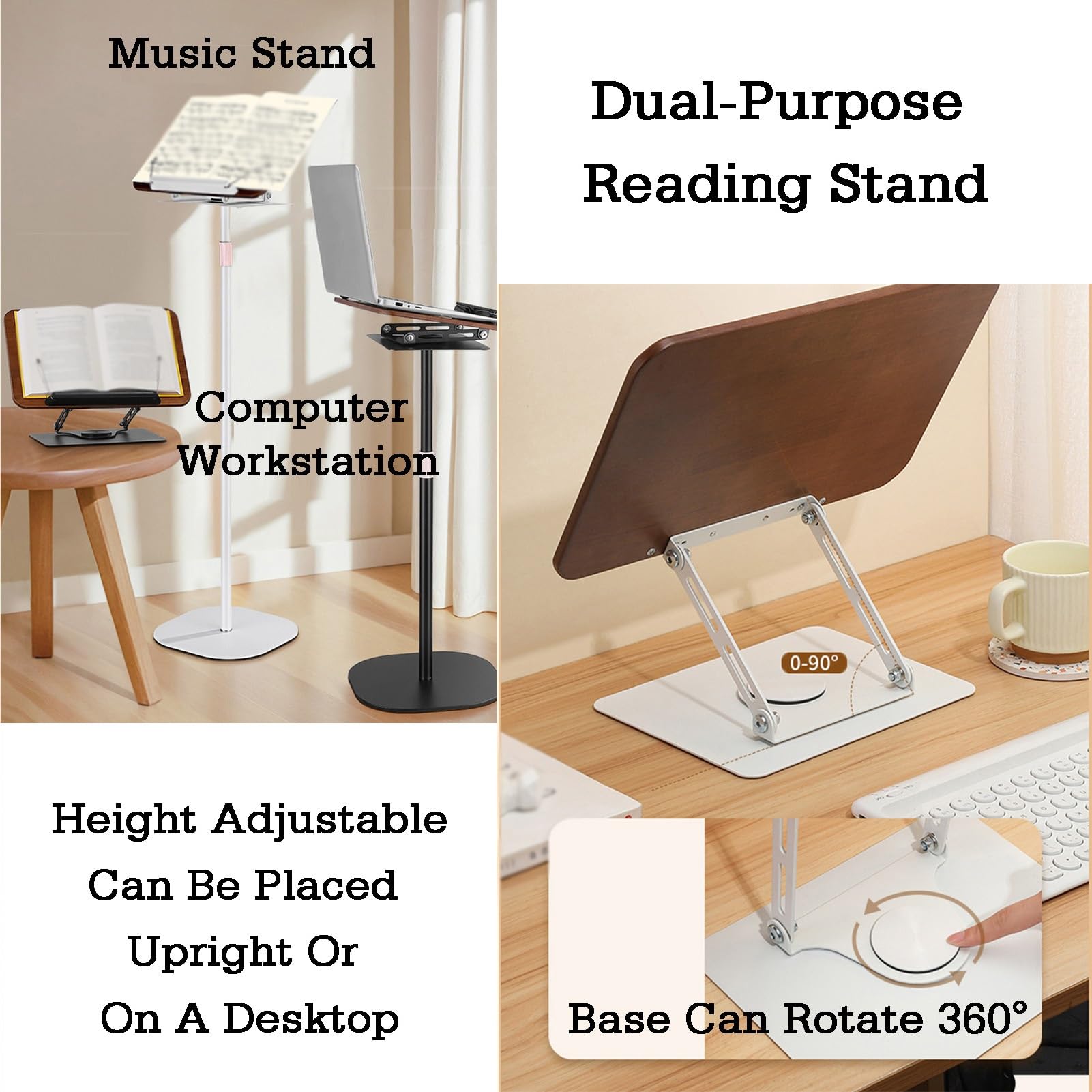 Atril, soporte de madera for lectura de libros | Diseño atractivo con esquinas redondeadas, for libros, portátiles y recetas de oficina en casa.(White,51-119cm)
