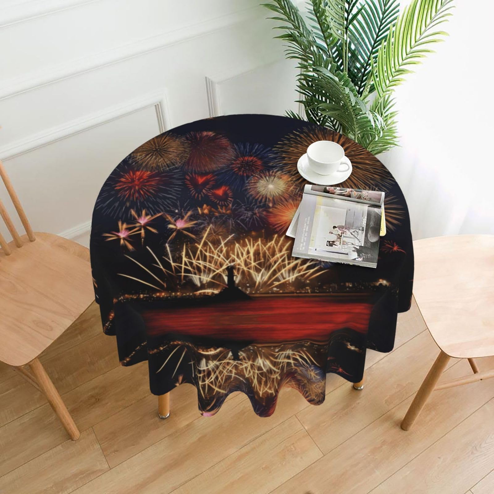 YYHWHJDE Fireworks Prints Round Decorative Tablecloth 60in – Elevate Your Dining Experience with This Stunning Table Throw for Parties & Everyday Use