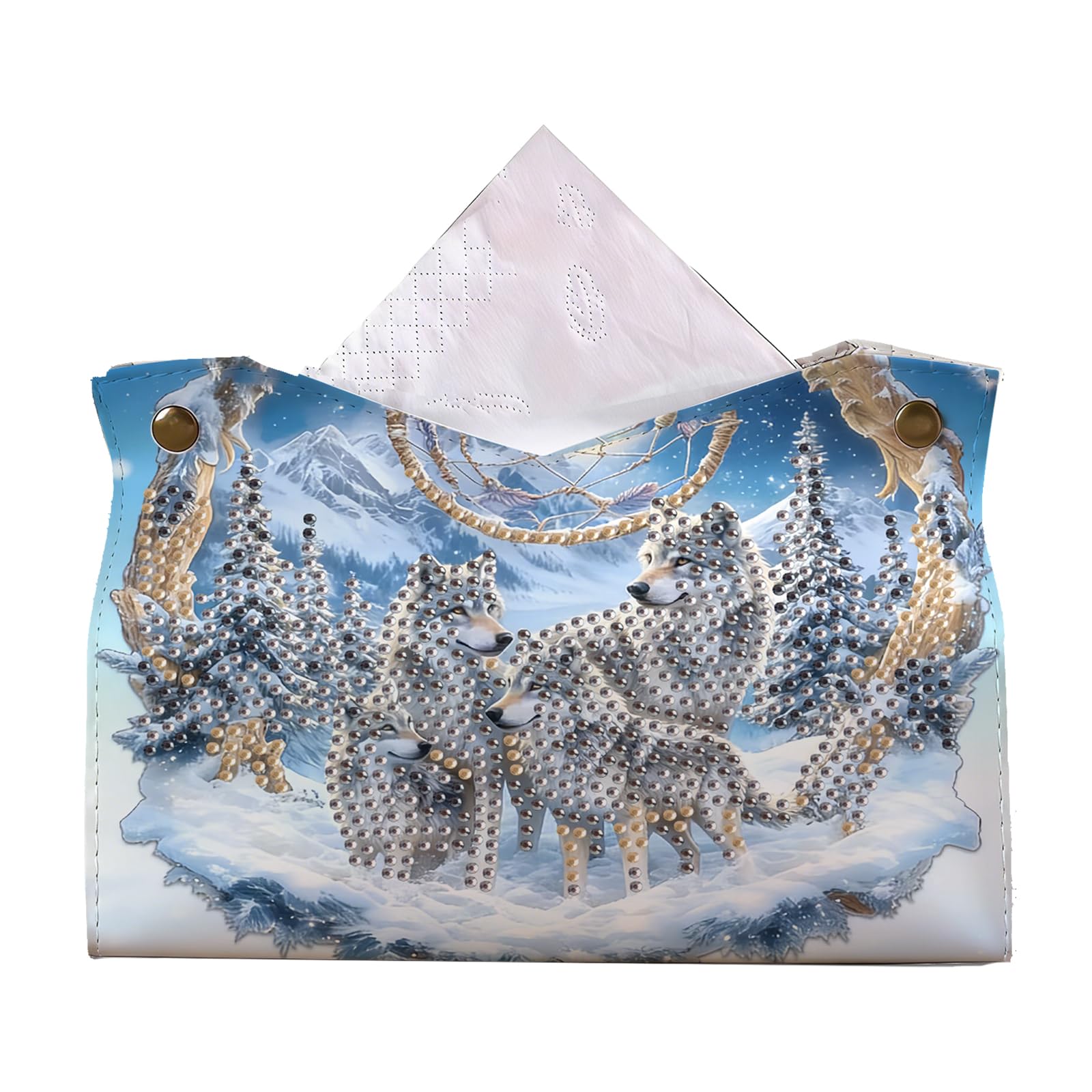 Snow Wolf DIY PU Diamond Painting Tissue Box Kit Desktop Tissue Holder with Rhinestone Diamond Desk Decorative Tissue Box for Adults Desktop Storage Organizer