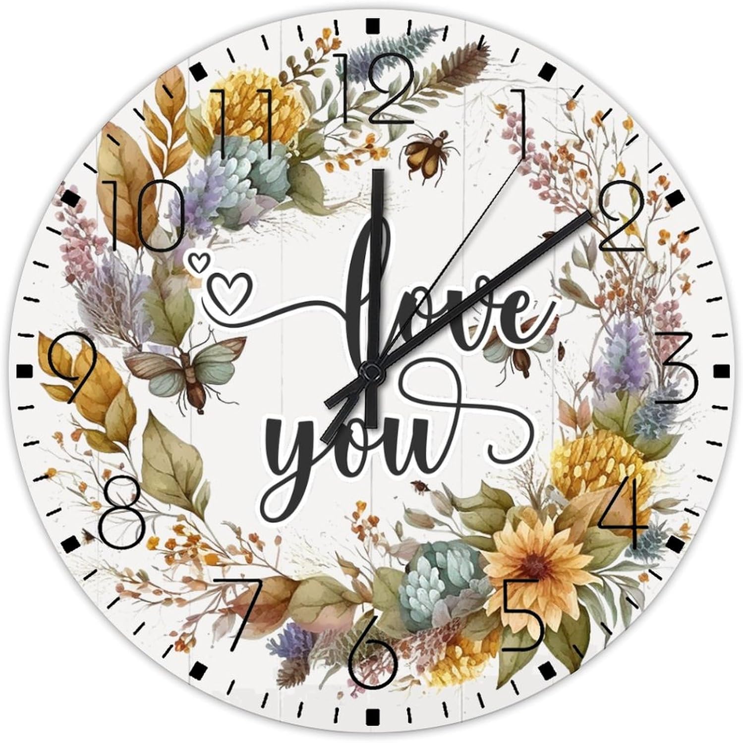 Minimalist Wood Clock Non-Ticking Sweep Movement Love You Beautiful Wall Clocks Colorful Flower Floral Wooden Wall Decor for Nursery Kids Room Cabin 15 Inch
