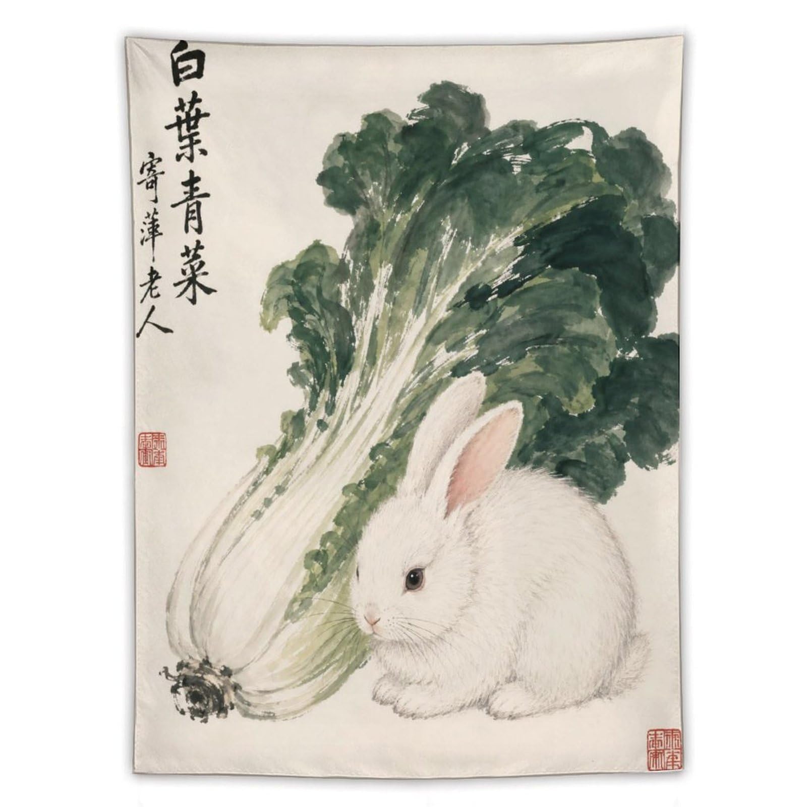 H3B8U2Y5 White Rabbit with Bok Choy Wall Tapestry, Asian Ink, Apartment