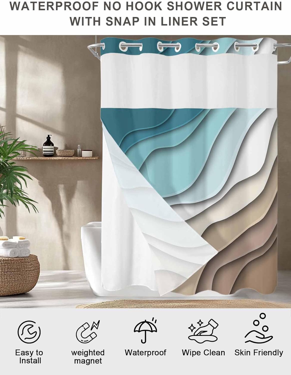 Chic D No Hook Shower Curtain with Snap in Liner Teal Brown Geometric Waterproof Shower Curtains with See Through Mesh Top Window Fabric Liner Set for Bathroom, Abstract Ocean Wave 72x72 Inches