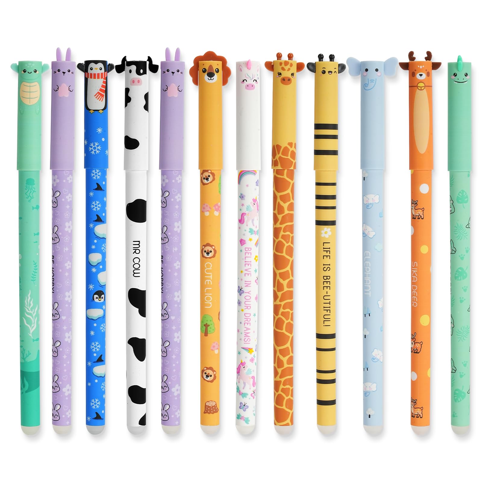 AUAUY Juego de 12 Bolígrafos de Gel Borrables, con Tinta de Borrado Termosensible, Punta de 0,7 mm, 8 tinta de y una gama, con Adorables Dibujos de Animales, Ideales para Papelería y Oficina