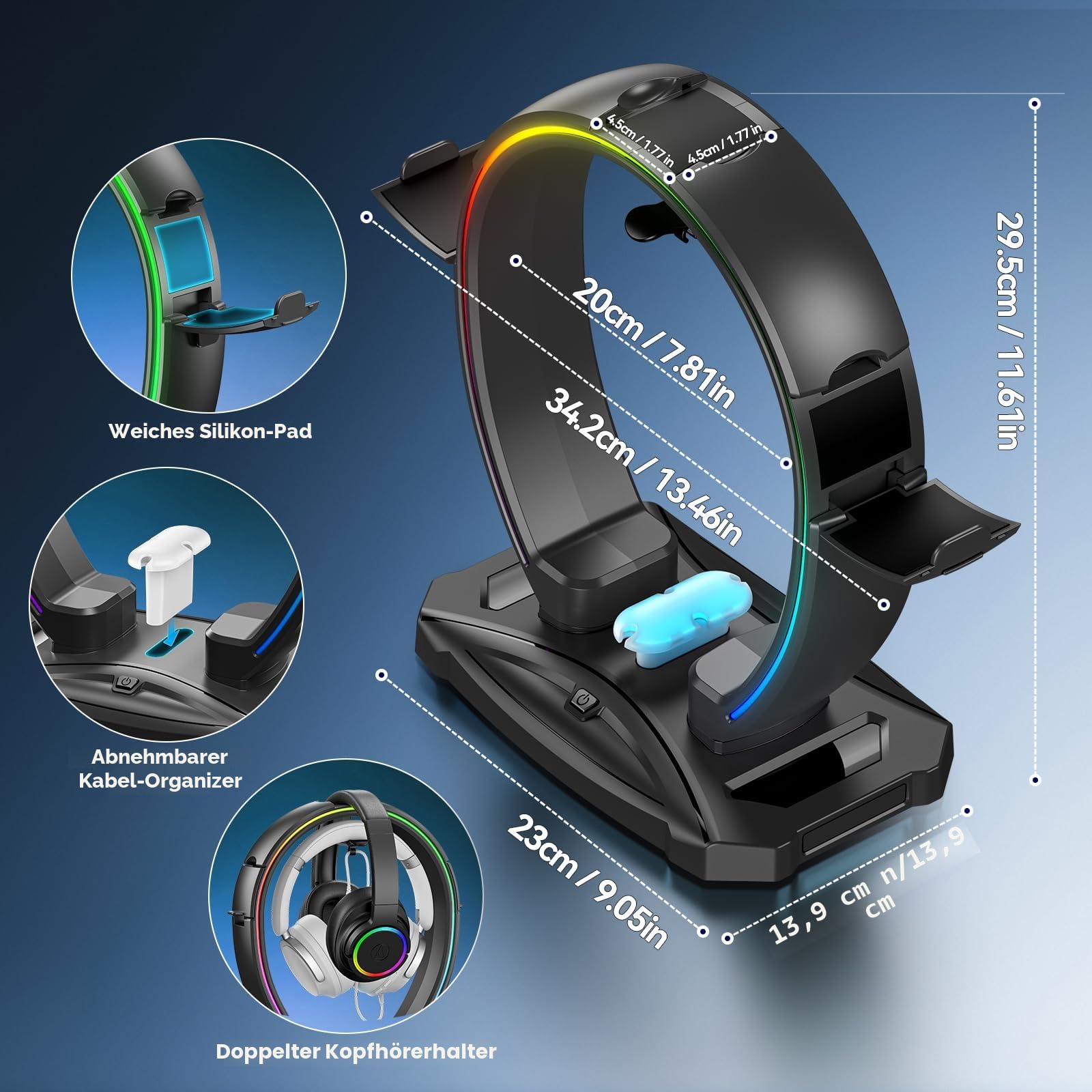 KDD Led Kopfhörer Ständer mit 9 Lichtmodi – Gaming Headset Halterung Schreibtisch – Faltbar Controller Halter mit Kabel Organizer - Headset und Controller Haltrung für Gamer PC Gaming Zubehör
