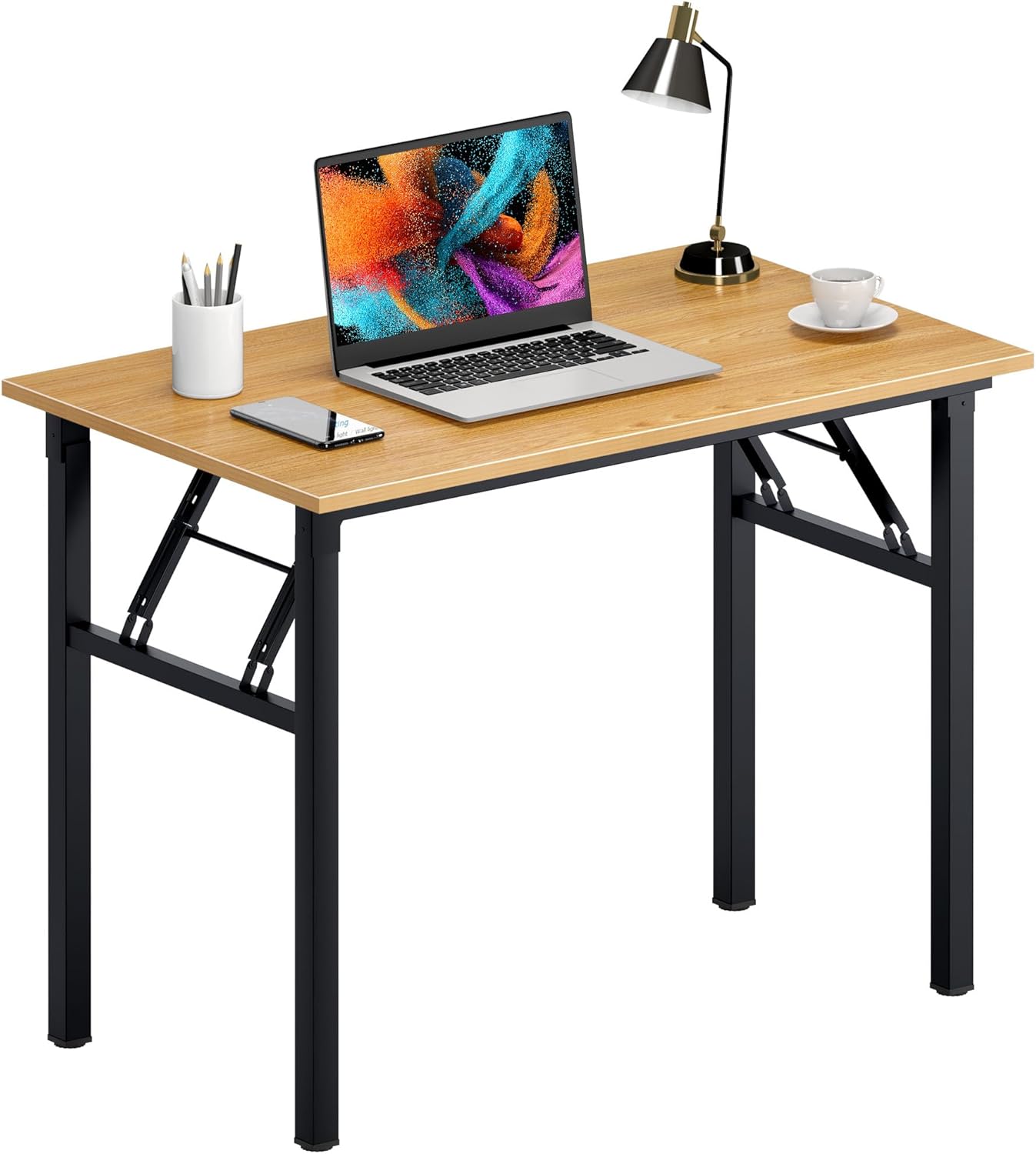 Need Folding Desk for Home Office 39-3/8'' Length Modern Folding Table Computer Desk No Install Needed Teak Color Desktop Black Frame, AC5BB(10060) 39inch Teak & Black Frame