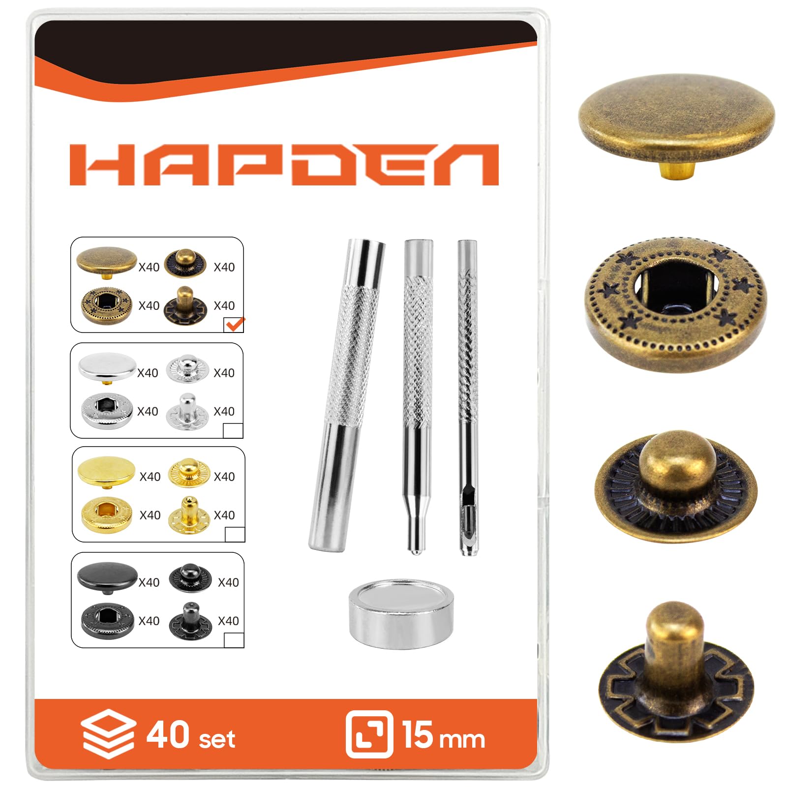 Boutons pression 15mm en bronze pour cuir et vêtements avec outils
