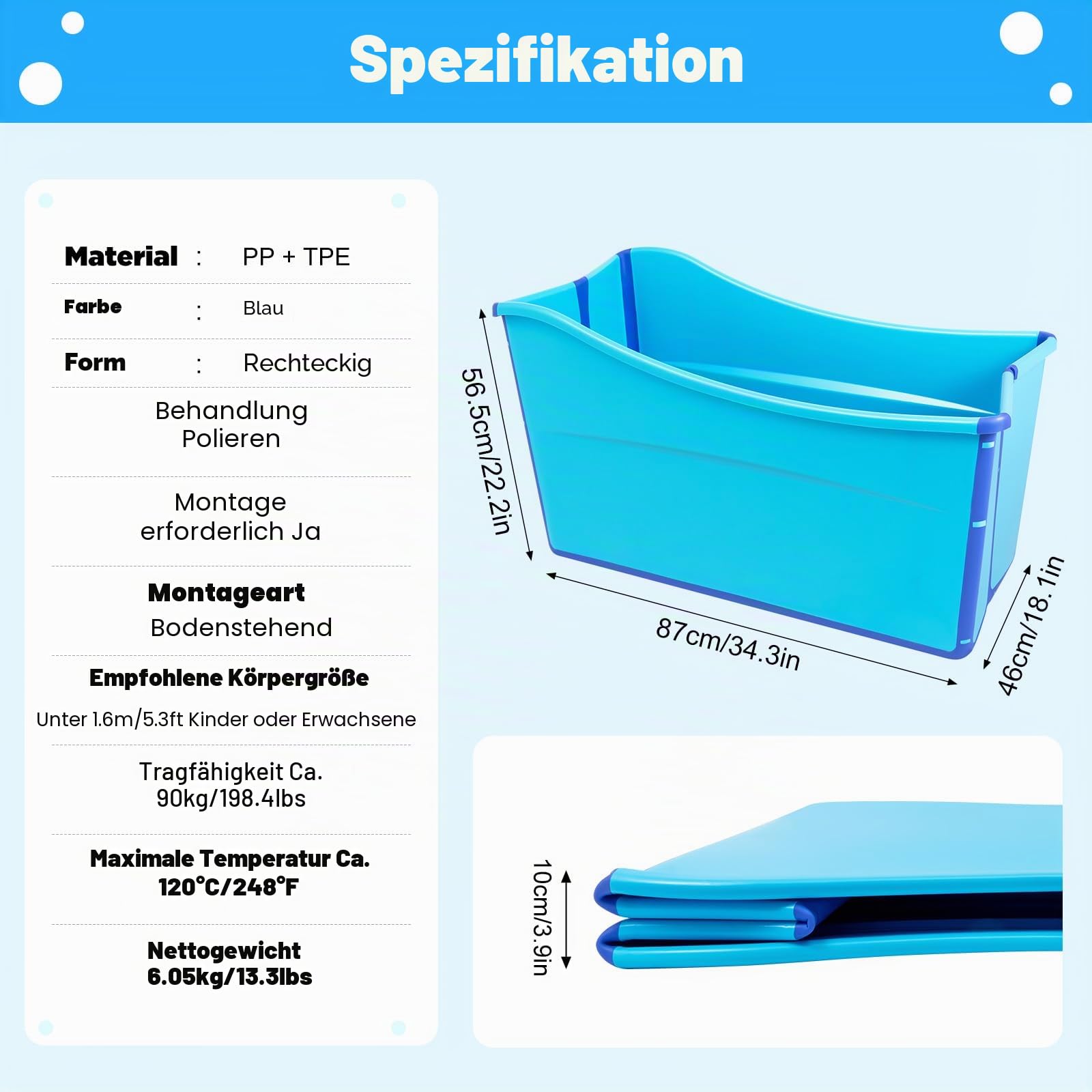 Faltbare Badewanne, Freistehend Badewanne für Baby Erwachsene, Spa-Badewanne Erwachsene Bad Wanne, Klappbadewanne für Dusche, Kleines Badezimmer, 87x46x56.5cm, Blau