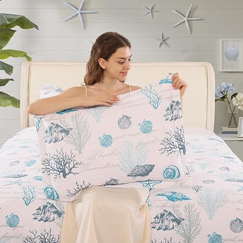 Miniatura 2 de CHESITY Juego de colcha de playa reversible de 3 piezas, tamaño matrimonialqueen, juego de ropa de cama costera para verano, ligero, con diseño de