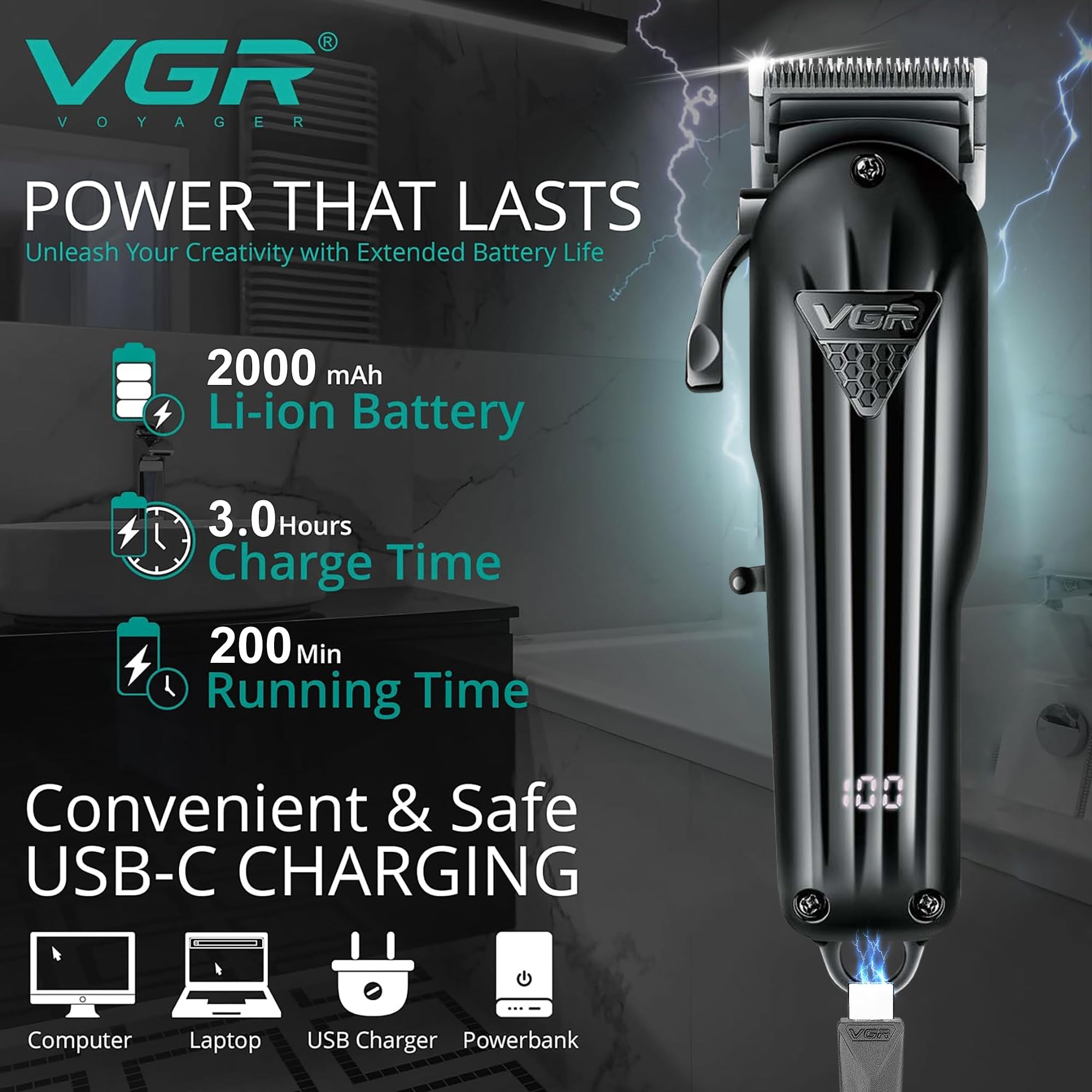 VGR Cortacésped inalámbrico para hombre - Kit de corte de pelo eléctrico - Palanca cónica - Macho, recargable USB-C - Batería 200 minutos - Cabeza calva