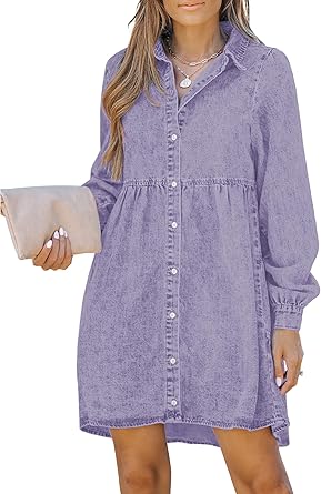 LookbookStore Long Sleeve Denim Dress for Women Jean Dress Button Down Casual Babydoll Denim Shirt Dress