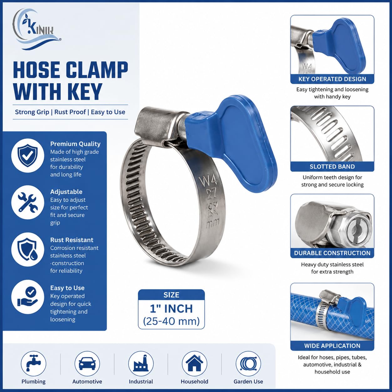 KINIK 1 Inch Adjustable Stainless Steel Hose Clamp with Key, Heavy Duty Pipe Clamp for Water Hose, PVC Pipe, Plumbing, Automotive, Mechanical, Irrigation Applications, Pack of 6 Pcs Set 2