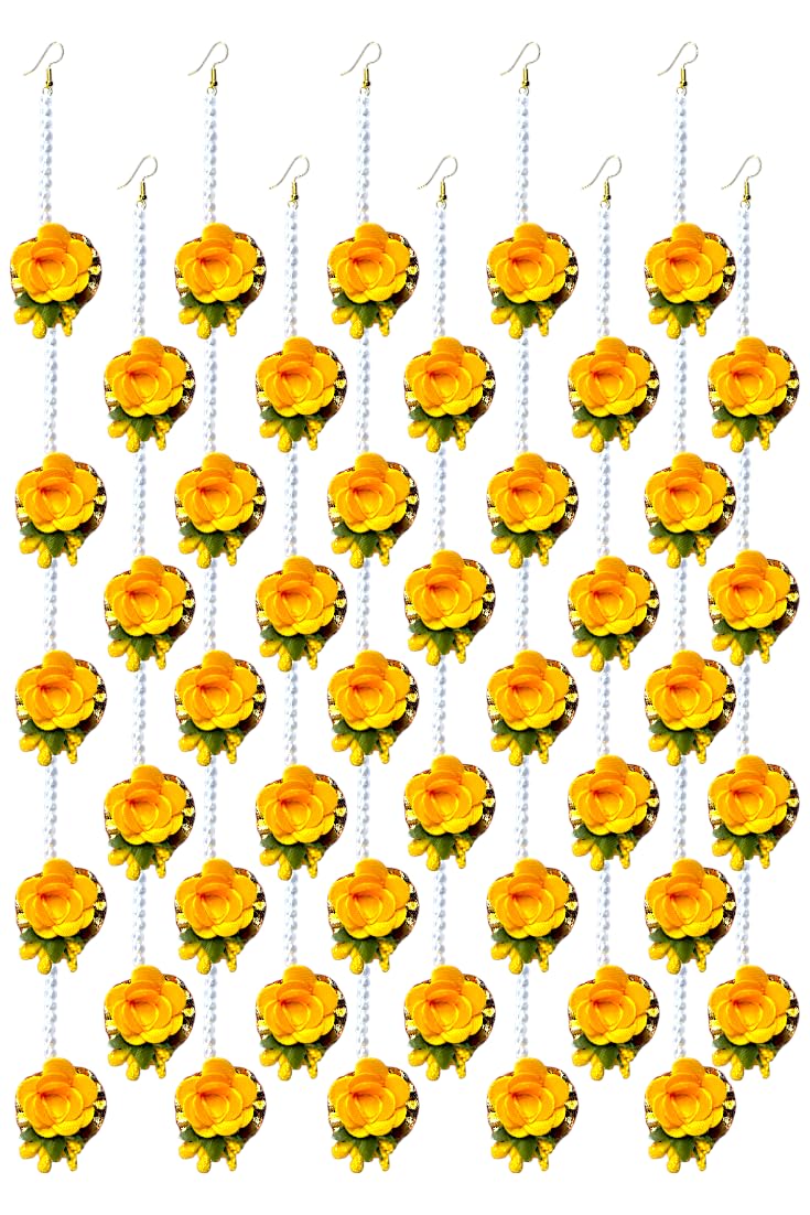 Ethnics Flower yellow Fabric Along with Pearls Brass Maang Tikka for Women,Pack of 24 ; MangTika Set for Wedding | Baby Shower | Shaadi| Haldi | Mehandi | Party in MULTI Colour for Girls