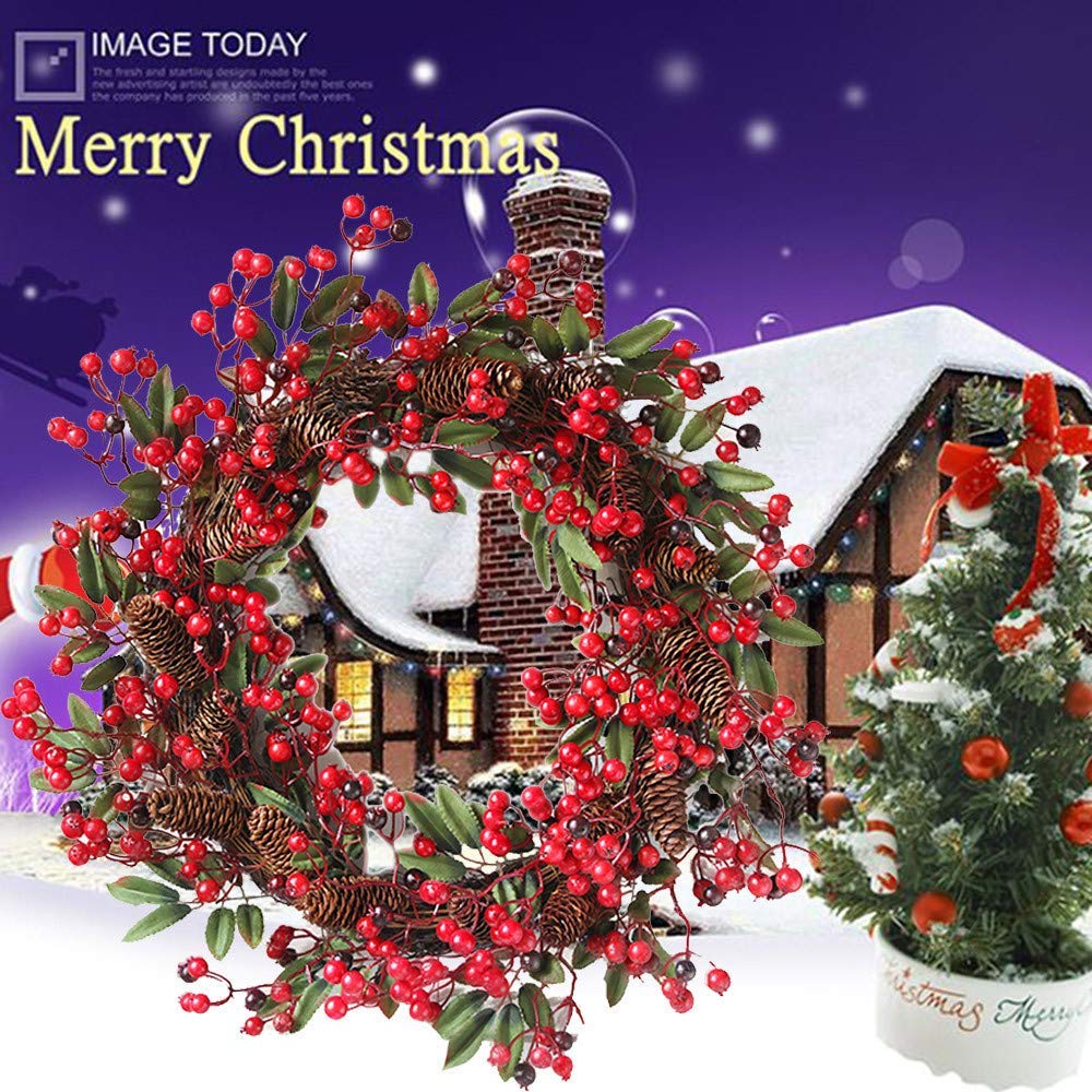 Couronne De Noël Artificielle Avec Baies Rouges - 40 Cm - Décoration Porte D'entrée, Intérieur, Mariage