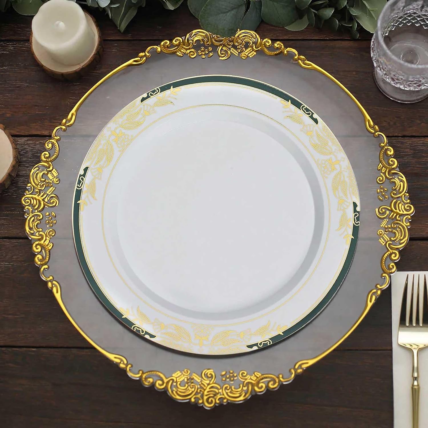 Efavormart 10 Pack 10" Hunter Emerald Green & Gold Dinner Plates - Luxury Gold Vine Rim Plastic Plates - Heavy Duty BPA-Free Disposable Tableware for Formal Parties
