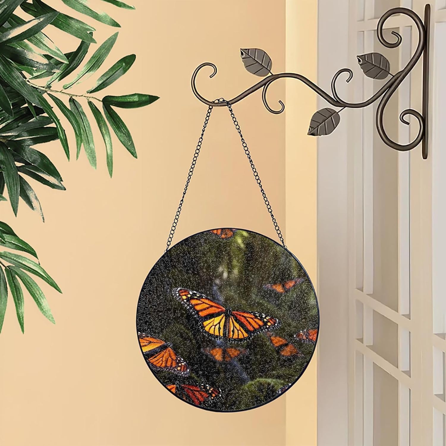 Stained Glass Window Hanging 6in（15cm）, Monarch Butterflies Glass Suncatcher for Home Decor, Indoor Wall Art Glass Panel with Metal Chain and Hooks, Sun Catcher Ornament Birthday Gifts