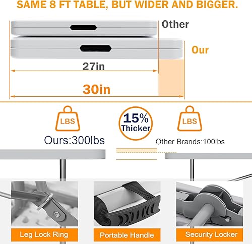 Miniatura 4 de Mesa plegable de 8 pies (30 x 96 pulgadas), mesa de picnic resistente para interiores y exteriores con asa de transporte, mesa plegable de plástico