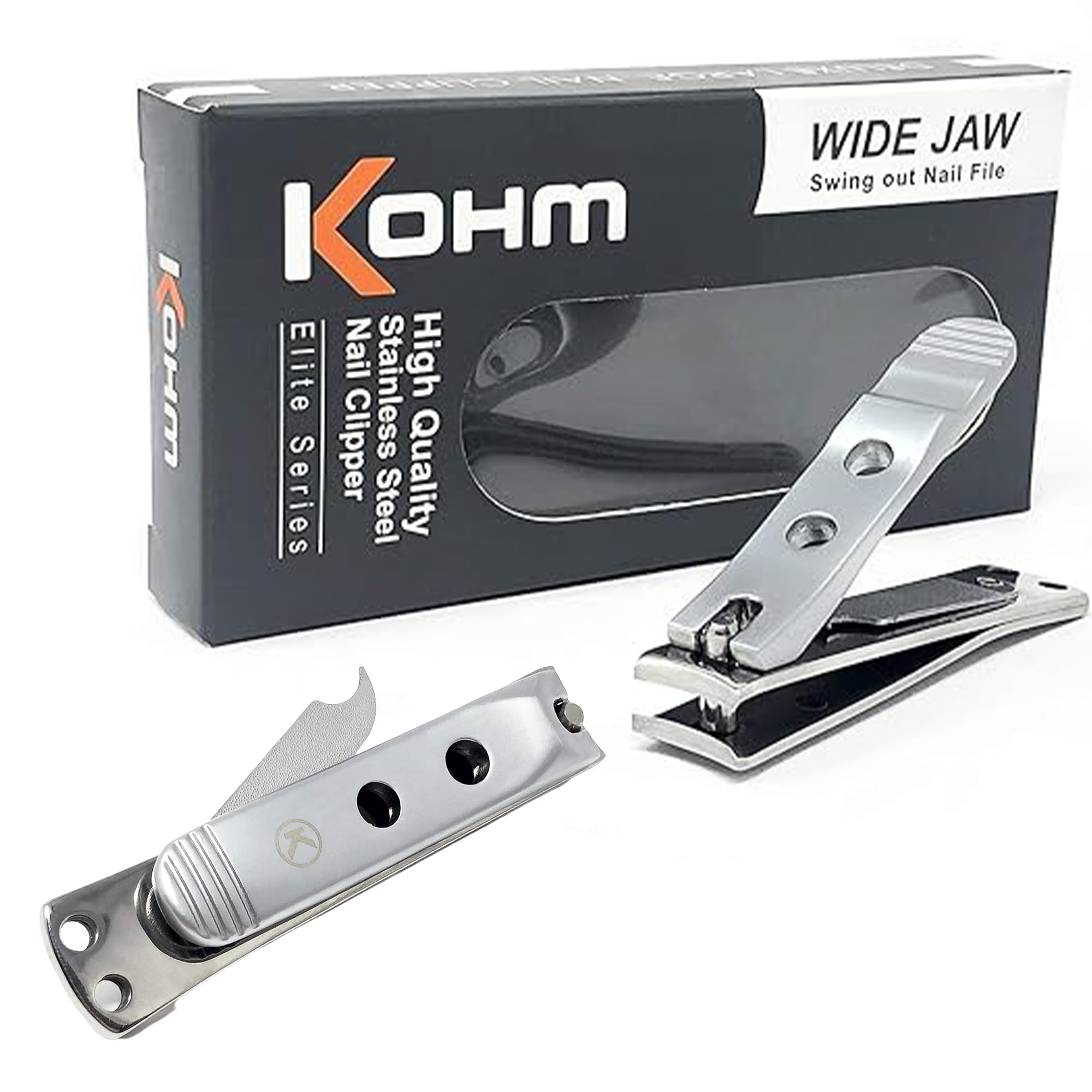 Kohm Curved Blade Edge Nail Clipper with Nail File (Swing Out), SS Wide Jaw Toenail Clippers for Thick Nails, Large Nail Clippers for Men, Seniors, Women