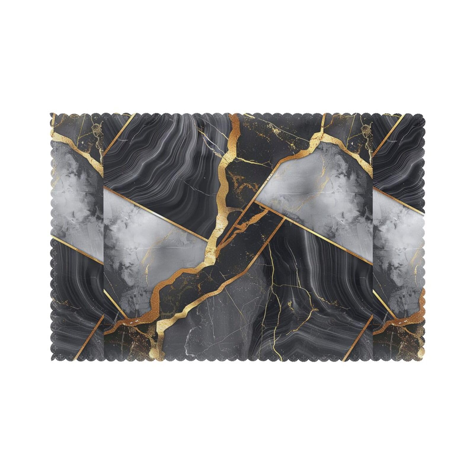 Lrhcnzdcp White Black Marble Texture Gold Printing Polyester Placemats 6 Pieces, Indoor Outdoor Heat Resistant Dinner Table Place Mats Set Of 6, 45X30 Cm