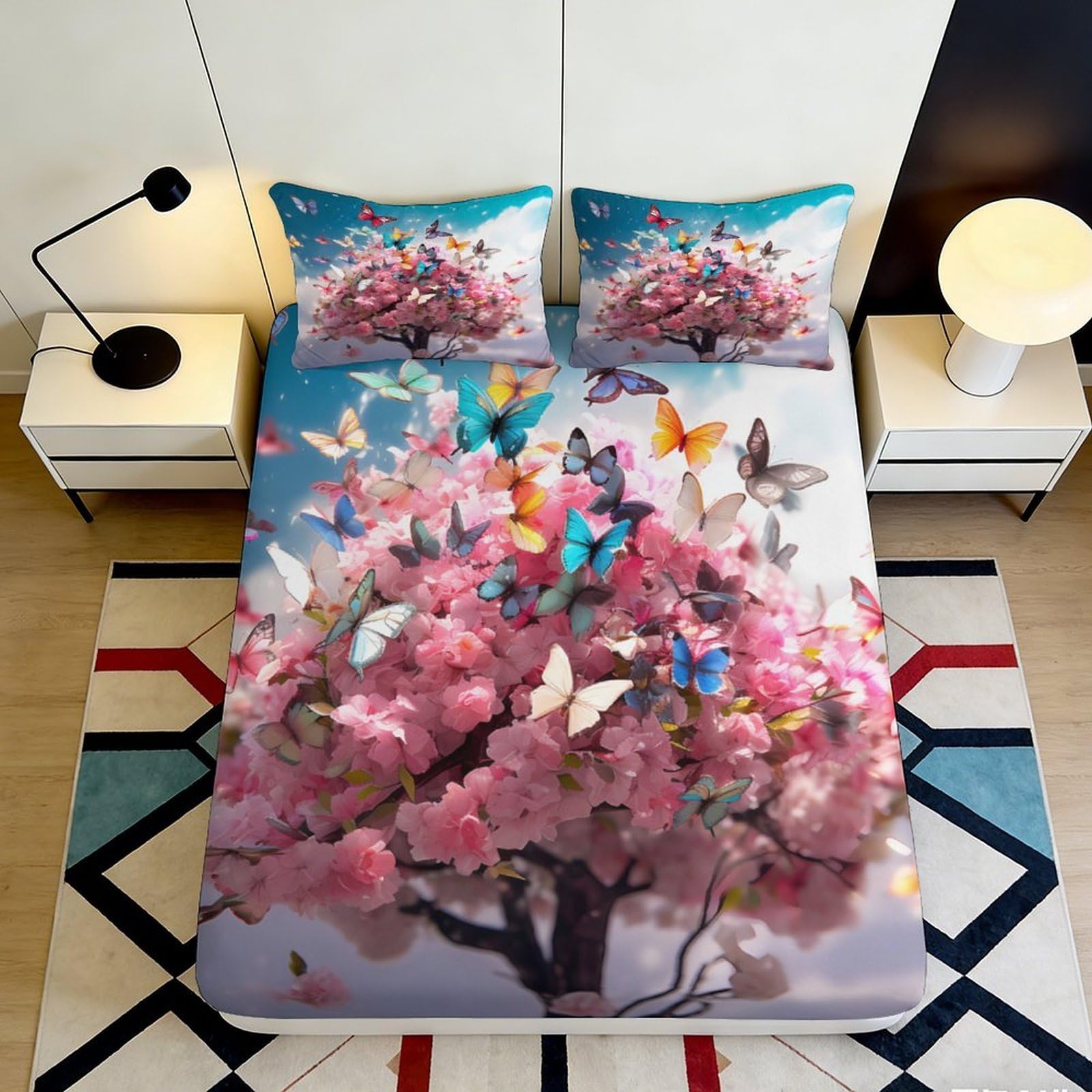 Pnayamiorkfel Style-7 3D Printed Cherry Blossom Butterfly Fitted Sheet Microfiber Soft Breathable Bed Cover For Bedroom Dorm Decor Protection 90X200x25cm