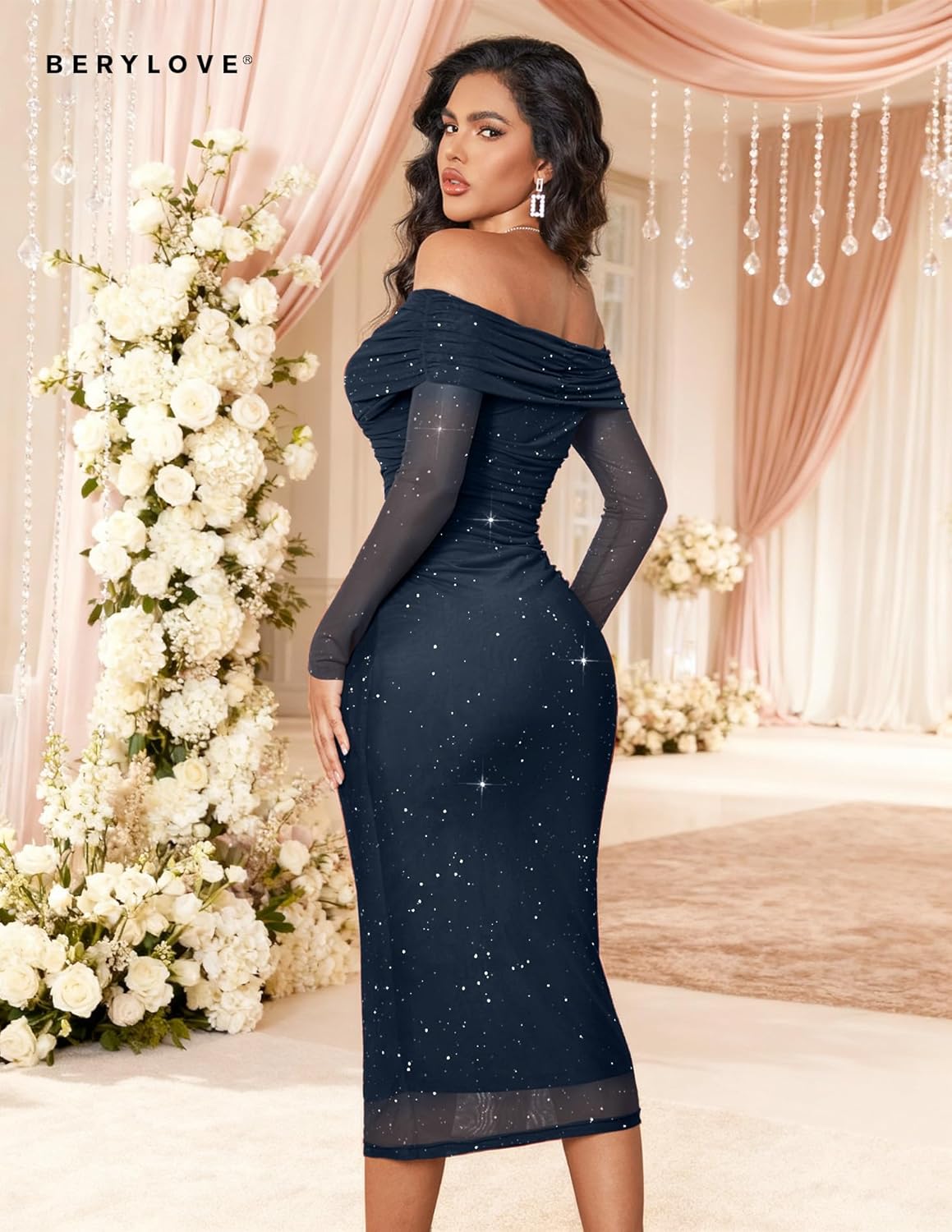 BeryLove Sparkly Off Shoulder Formal Wedding Guest Dresses Long Sleeve Midi Cocktail 2026 Sequin Mesh Evening Gala Gown Glitter Prom Party Sheer Baby Shower Dress Navy L - Image 3