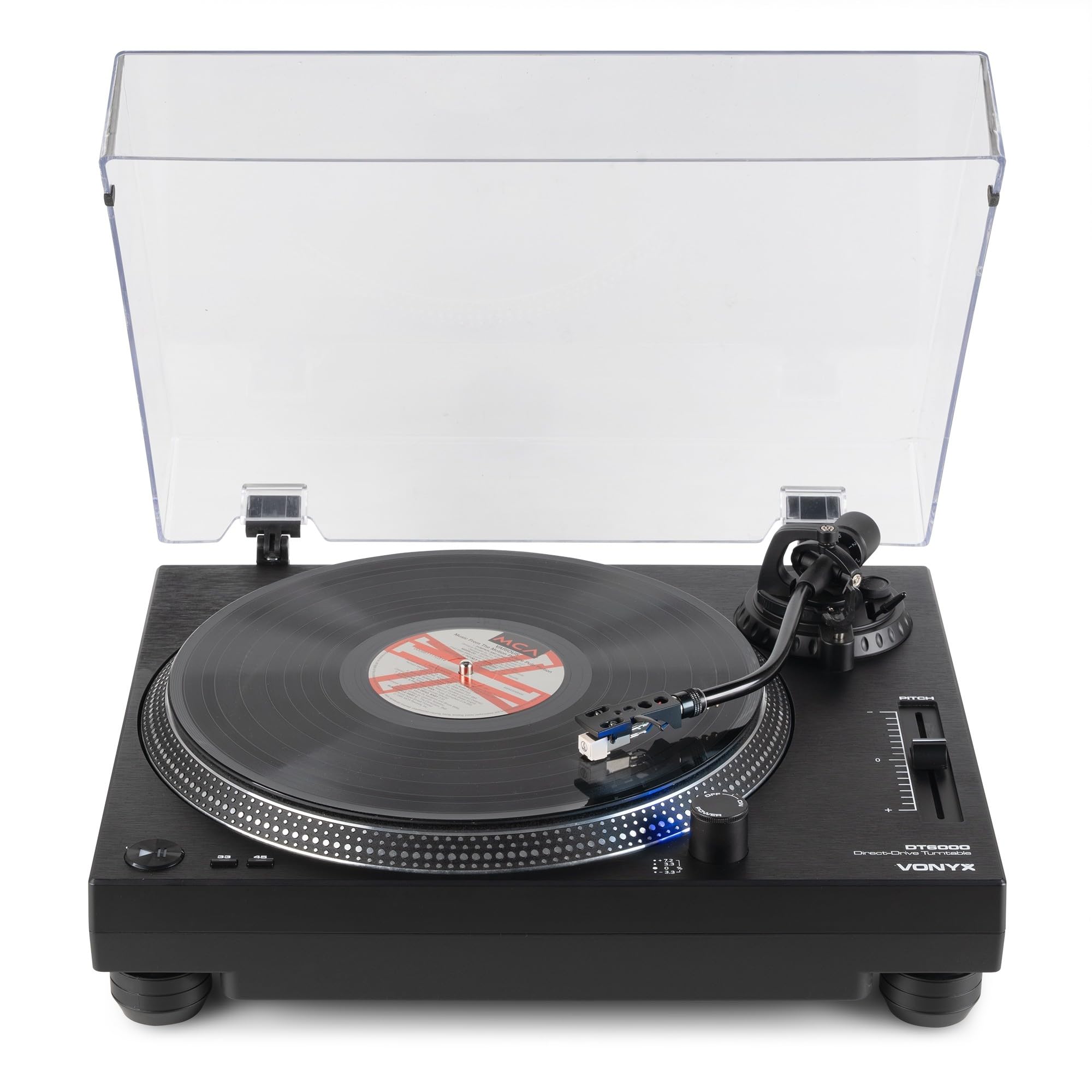 Vonyx DT6000 Platine Vinyle DJ Direct Drive avec Cellule Audio-Technica, Entrainement Direct 33/45 Tours pour Mix et Scratch