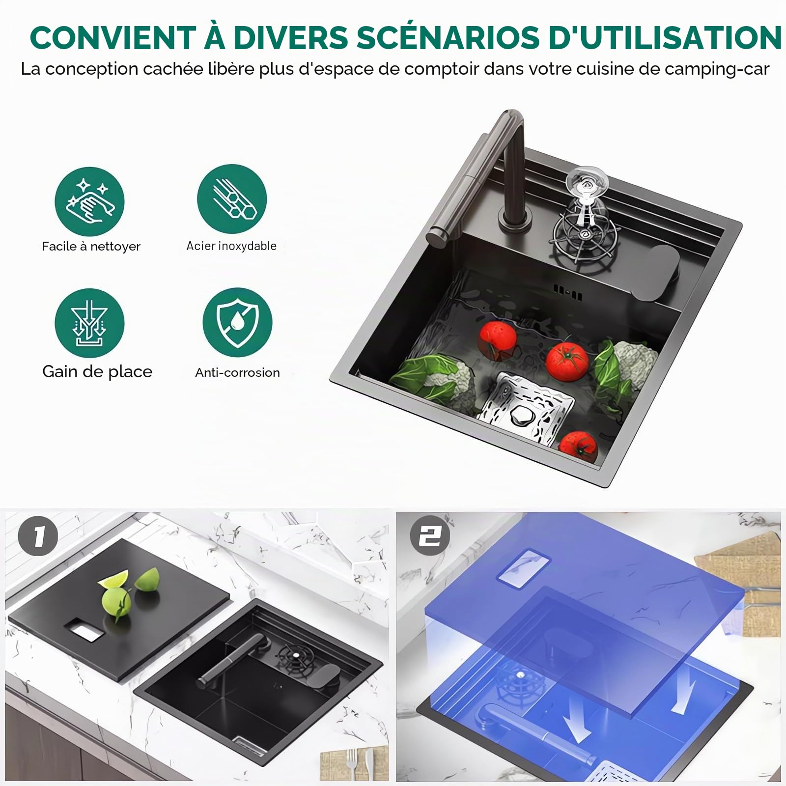 Évier de cuisine noir invisible à poser sur/sous comptoir pour bar de camping-car avec robinet pliable intégré, petit évier simple en acier inoxydable (noir/C, 45 x 50 cm)