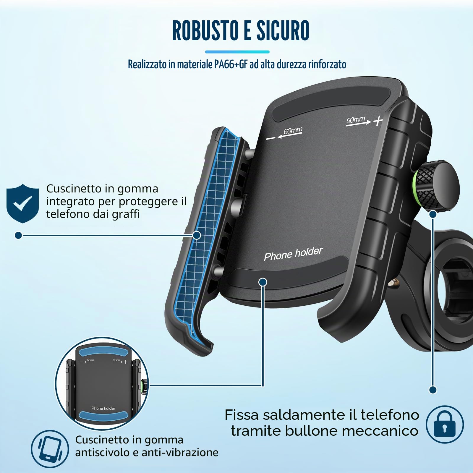 Porta Cellulare Bici, Supporto Telefono per Moto Universale Anti-Shake, Supporto Smartphone per Bici Manubrio MTB Scooter 360° Rotabile Compatibile con 3.5"-7.0" iPhone Samsung Huawei (Nero)