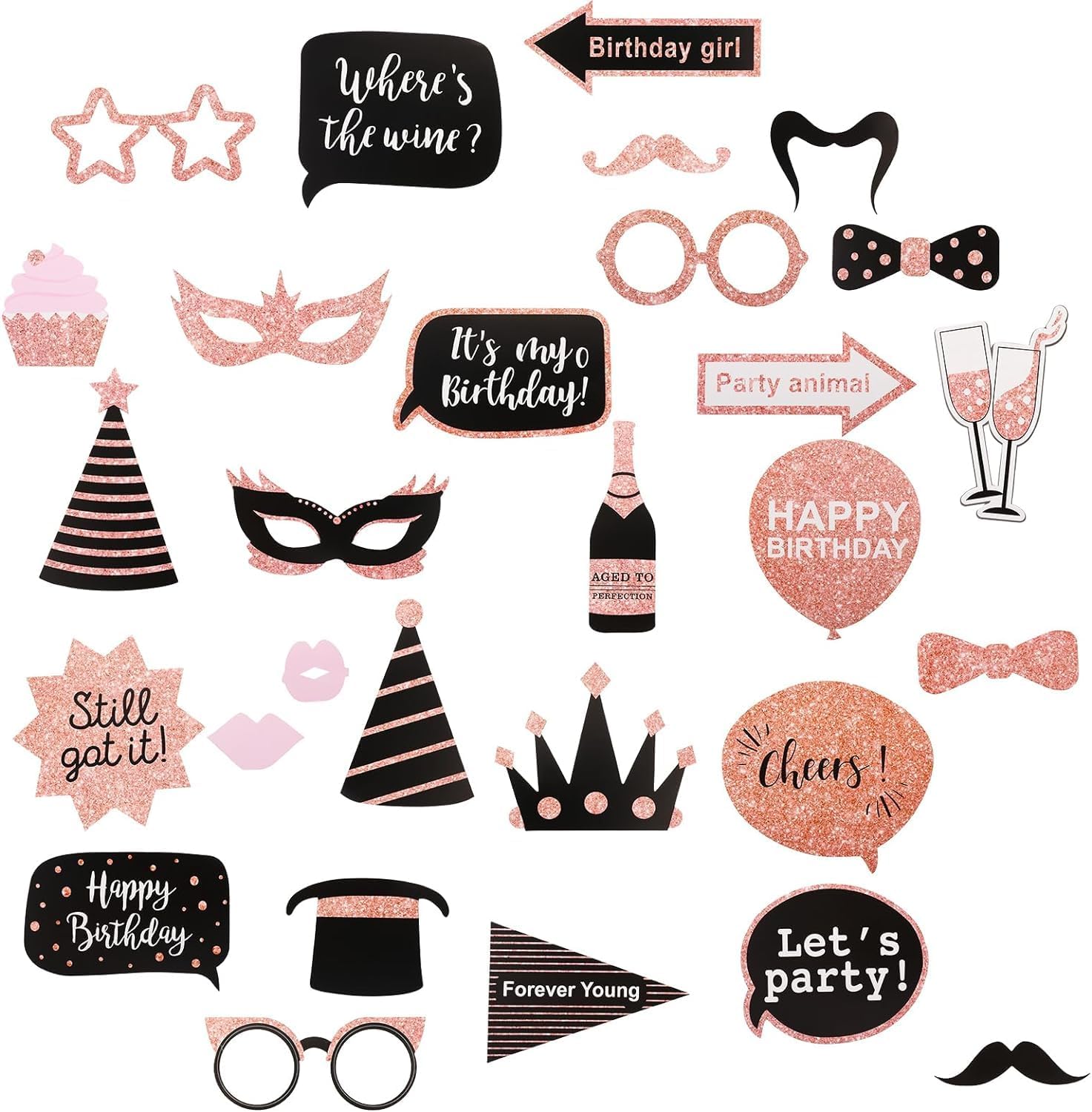 Birthday Party Photo Props, 30PCS Black and Pink Photo Booth Props Party Favor, Mix of Hats Moustache Glasses Crowns for Adult Kids Selfie Props Birthday Weddings New Years Graduation Party Supplies