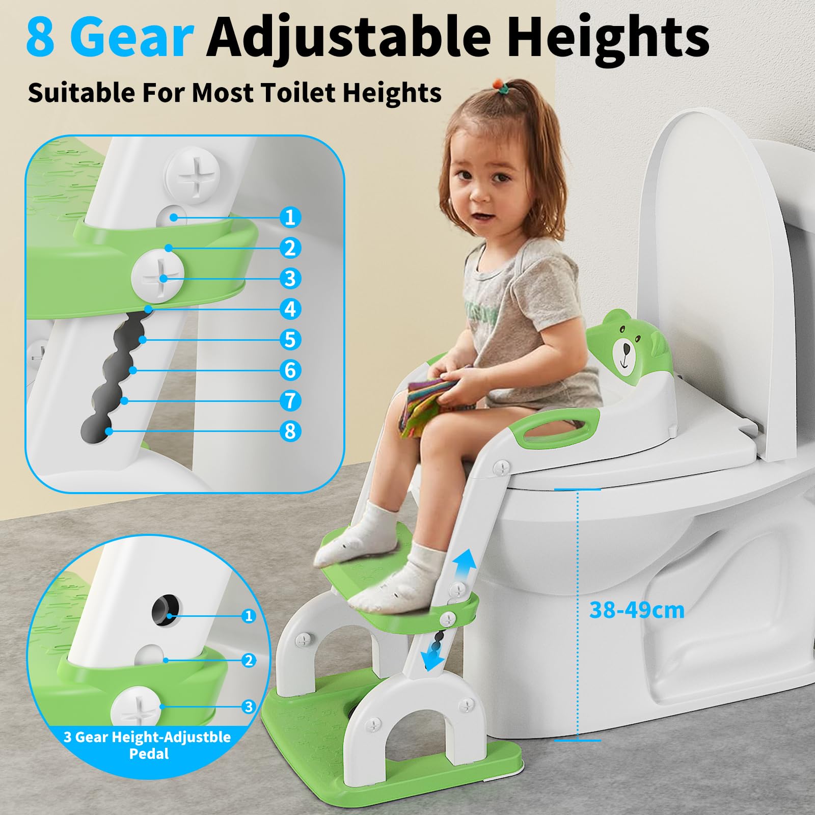 Sedile WC per bambini con scale, accessorio per WC aggiornato, per bambini e bambine, 2 in 1, con scale, regolabile in altezza, comodi sedili per WC sicuri, poggiapiedi per bambini (Verde)