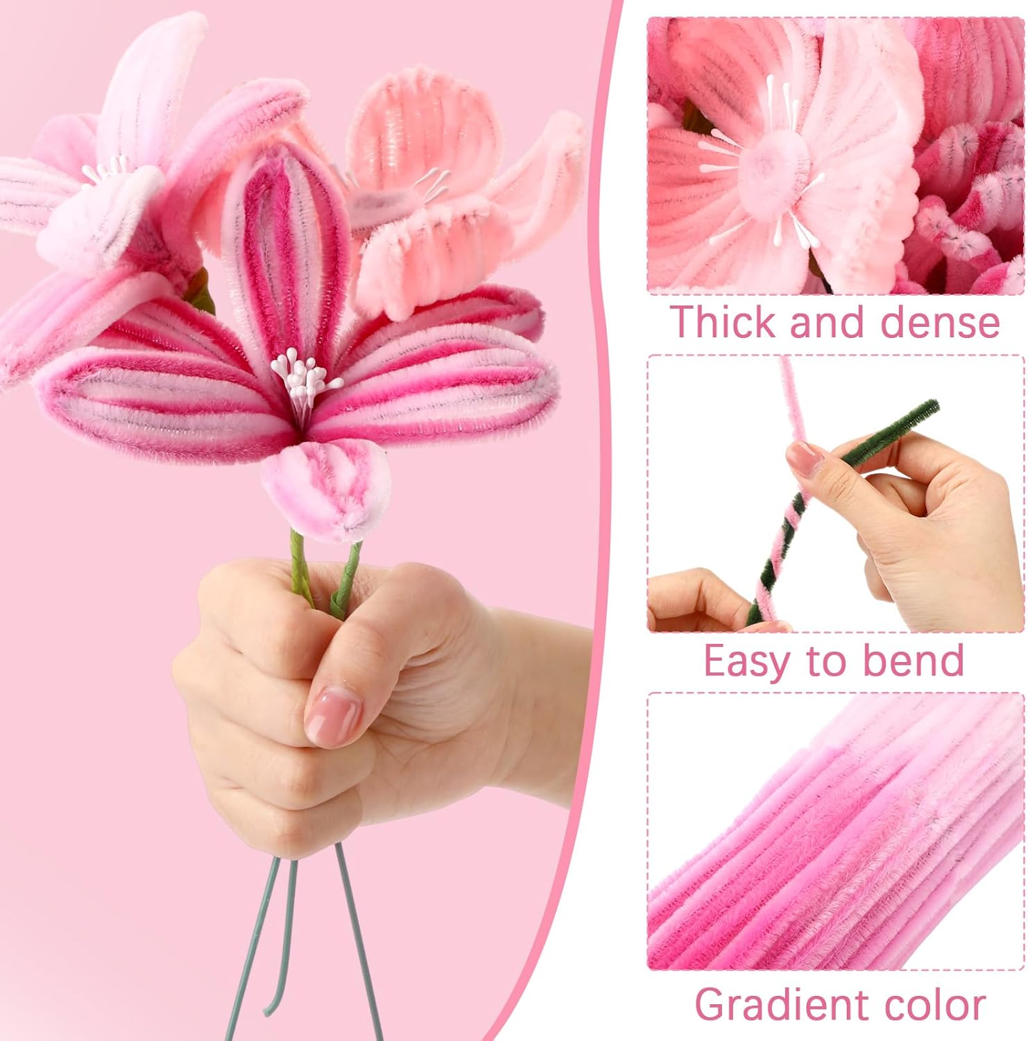 DaisyInner 860 Pcs Pipe Cleaner Craft Kit, 4 Assorted Gradient Color Pipe Cleaners Bulk Chenille Stems for DIY Flower Making Kit - with Floral Wires, Gardening Tape, Stamen & Ribbon(Pink)